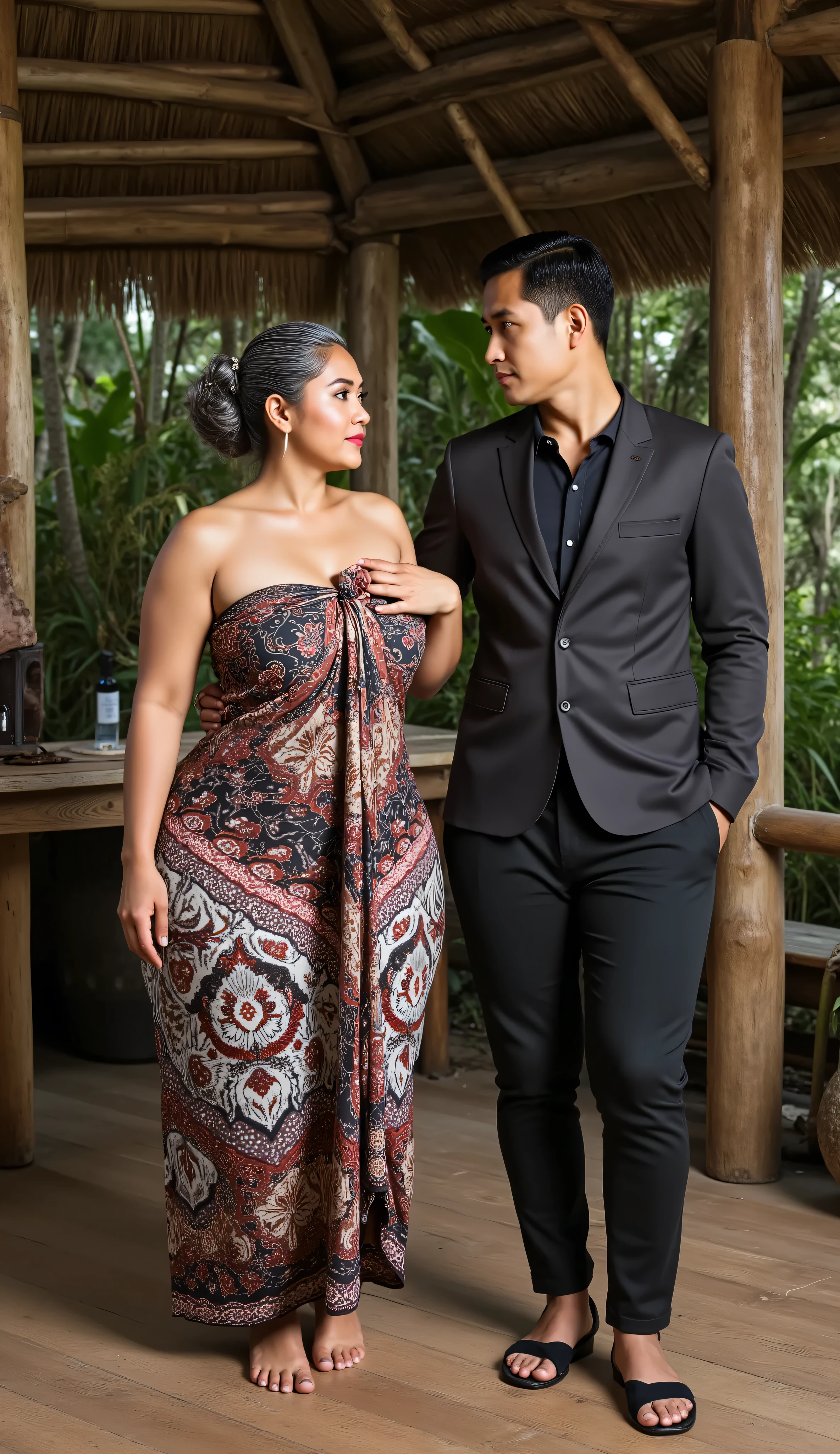 An indnesian attractive mature woman with a provocative curvaceous body, is 60 years old and has a figure with prominent curves, a plump with perfect proportions curves, generous curves and plus-size, a body with an hourglass figure, her voluptuous wide hips harmonize with slender wasp waist, with wide legs and wide thighs well-shaped, and her butt in good shape, plump and shaped buttocks. She has characteristics typical of her age, slight wrinkles on her face and gray hair, long hair with an elegant Bun style hairstyle, has beautiful and fine facial features. She wore a long and loose batik kemben dress, She was inside bamboo hut amid rice field, she is a bride for her young son who is tall and thin, 20 years old. He was wearing a casual suit and had black hair, He is next to her, look face to face , he holds her with passion and places his hand close to her buttocks and his other hand hold her breast. they was captured is a modern hyperrealistic cinematic style, captured on a full body overview, with hyperrealistic details and good focus quality.("additional loRA" has no effect on the man)