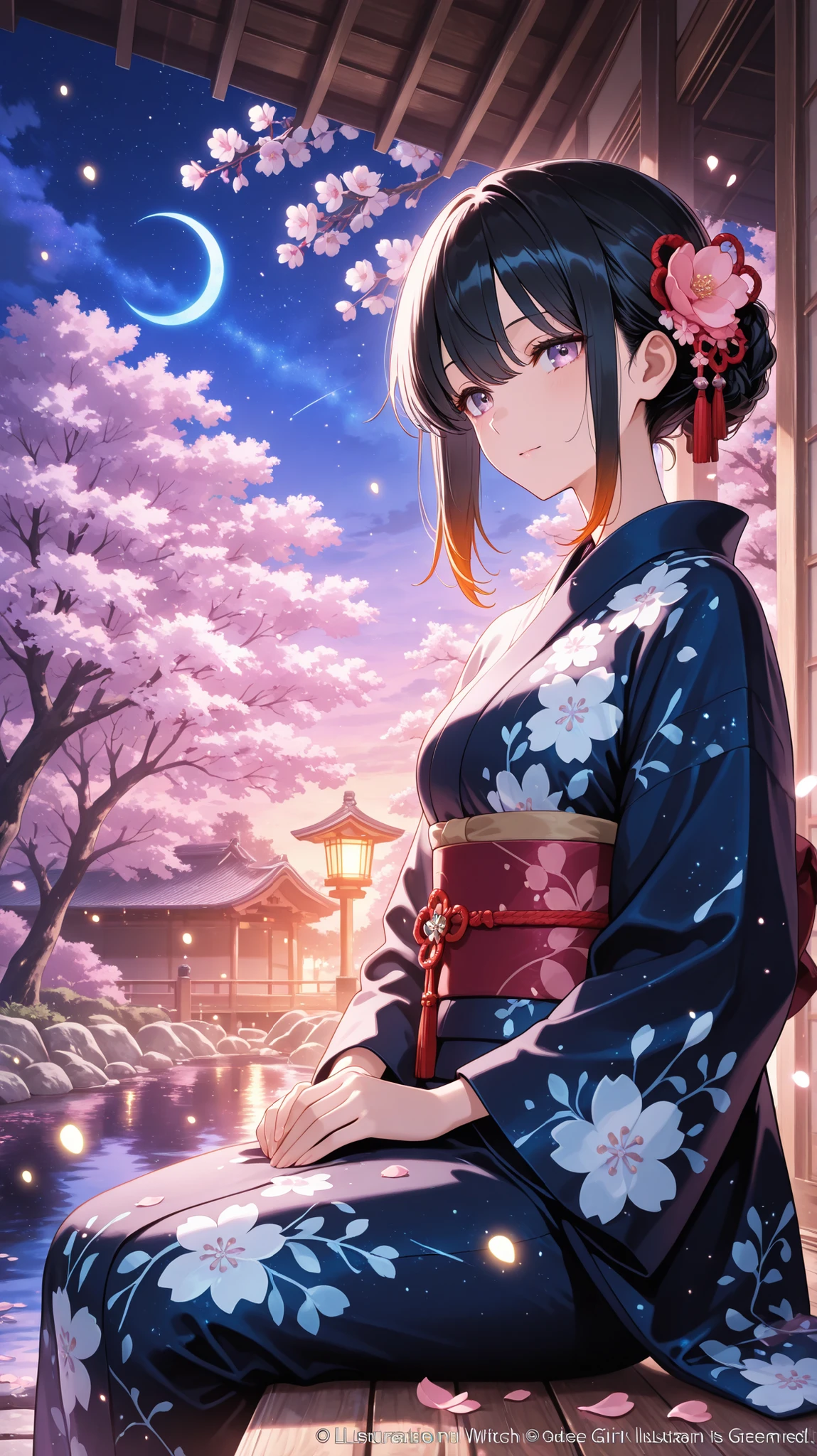masterpiece, Highest Quality, Super Detailed,(illustration:1.3),(Official Art Style, anime style:1.4)beautiful,A beautiful witch girl with long, Flowing black hair, Decorated with a faint brown inner top, Petals scattered in the quiet pond below、wearing a dark blue yukata. She sits gracefully on a wooden veranda overlooking a traditional Japanese garden at dusk. Her gaze is gentle and thoughtful, slightly tilted to the side. a small,  Cherry blossoms are scattered in the quiet pond below.  around her , fireflies dance in the air, creates a magical atmosphere. The sky is a gradation of deep orange and soft purple, the moon is visible. cherry blossoms shine from the tree Gently falling, The veranda and、where the stars and crescent moon are casually drawn. The style of painting is anime, soft, romantic lighting and、details of her costume and surrounding landscape.
