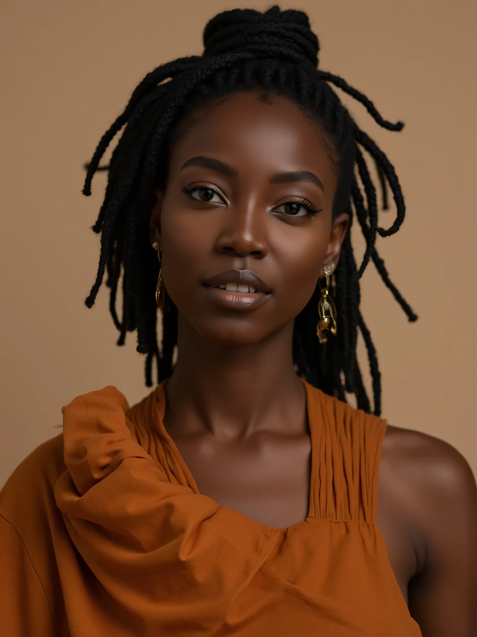 A beautiful African woman dressed in brown, photography