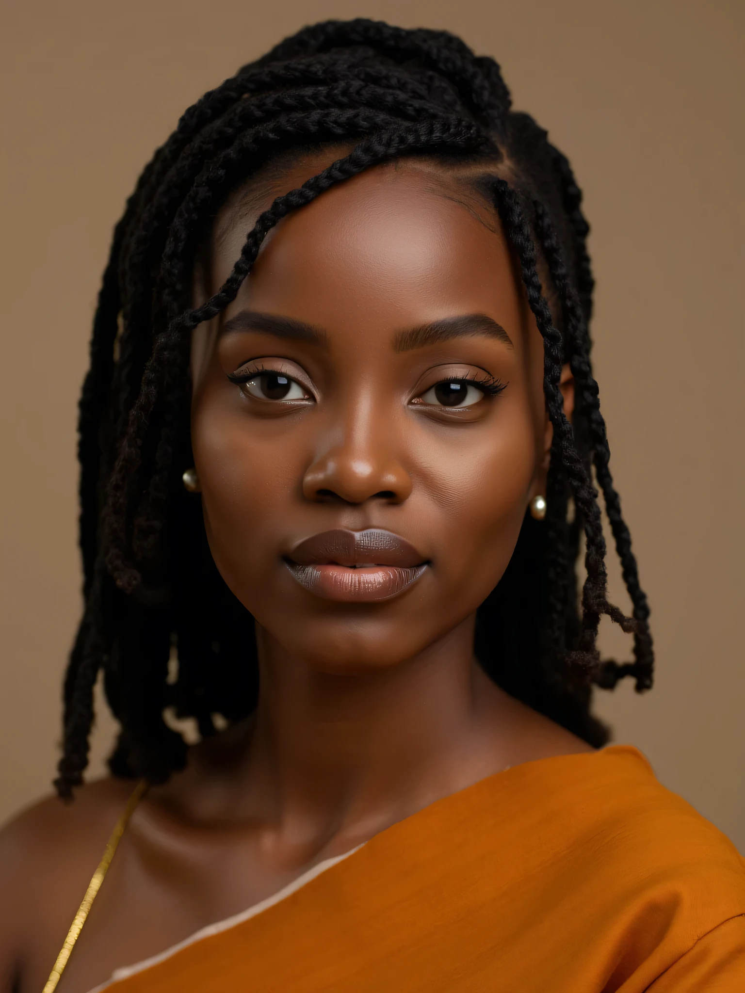 A beautiful African woman dressed in brown, photography
