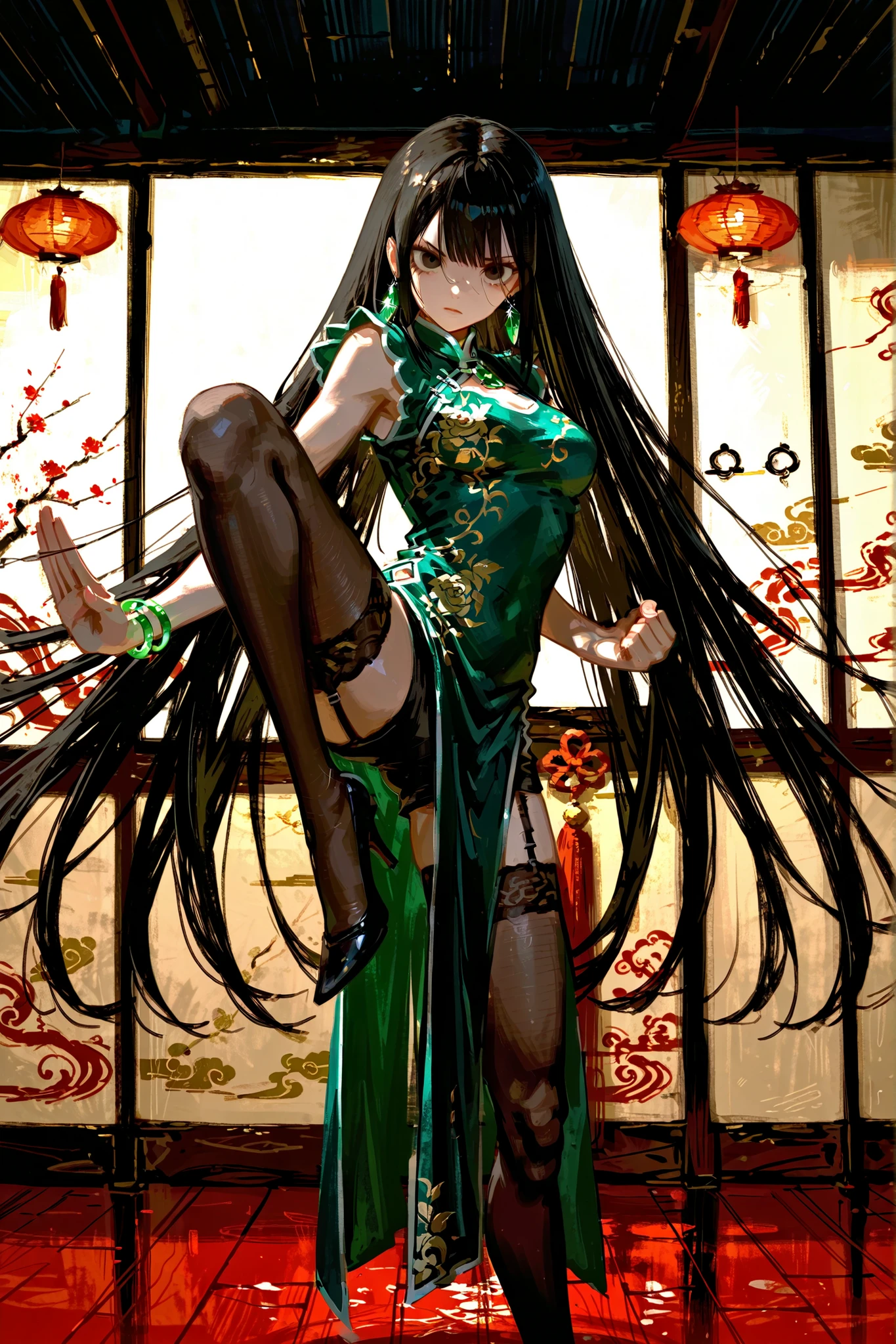 eyes: high contrast, clear highlight, glass reflection, vivid emerald, ((detailed eyes)), glassy eyes, glassy pupils, detailed highlight in the eyes, (masterpiece, detailed:1.2), highest quality, Ultra High Quality, 40k, solo, Beautiful and delicate girl, ((focus face)),
Extremely long hair, black hair, Diagonally trimmed bangs, trimmed bangs, low tide Long hair, blown eyes, ((perfect eyes)), (medium breasts),
blue China dress with gold floral embroidery, high stockings with garter belt,
black shorts, black high heels,
BREAK.
((kung fu stance)), portrait, side view, looking viewer, (Facing viewer), ((one leg up to viewer)),  motion effects,
BREAK.
in Chinese restaurant, ((indoors)), crimson wallpaper, dark brown floor,
in the center of a narrow, dilapidated slum alley. Her hair flows dramatically in the wind, enhanced by swirling air currents and dust trails around her, suggesting afternoon sunlight filtering through the haze.  evoking both determination and beauty. 
BREAK,
beautiful background, depth of field, battle atmosphere, ((beautiful dark lighting)),  dark lighting, perspective, (detailed lighting), rim lighting, ((sharp focus)), solo, residential, looking viewer, beautiful light, 22:00, mid night, SFW, Cinematic.
