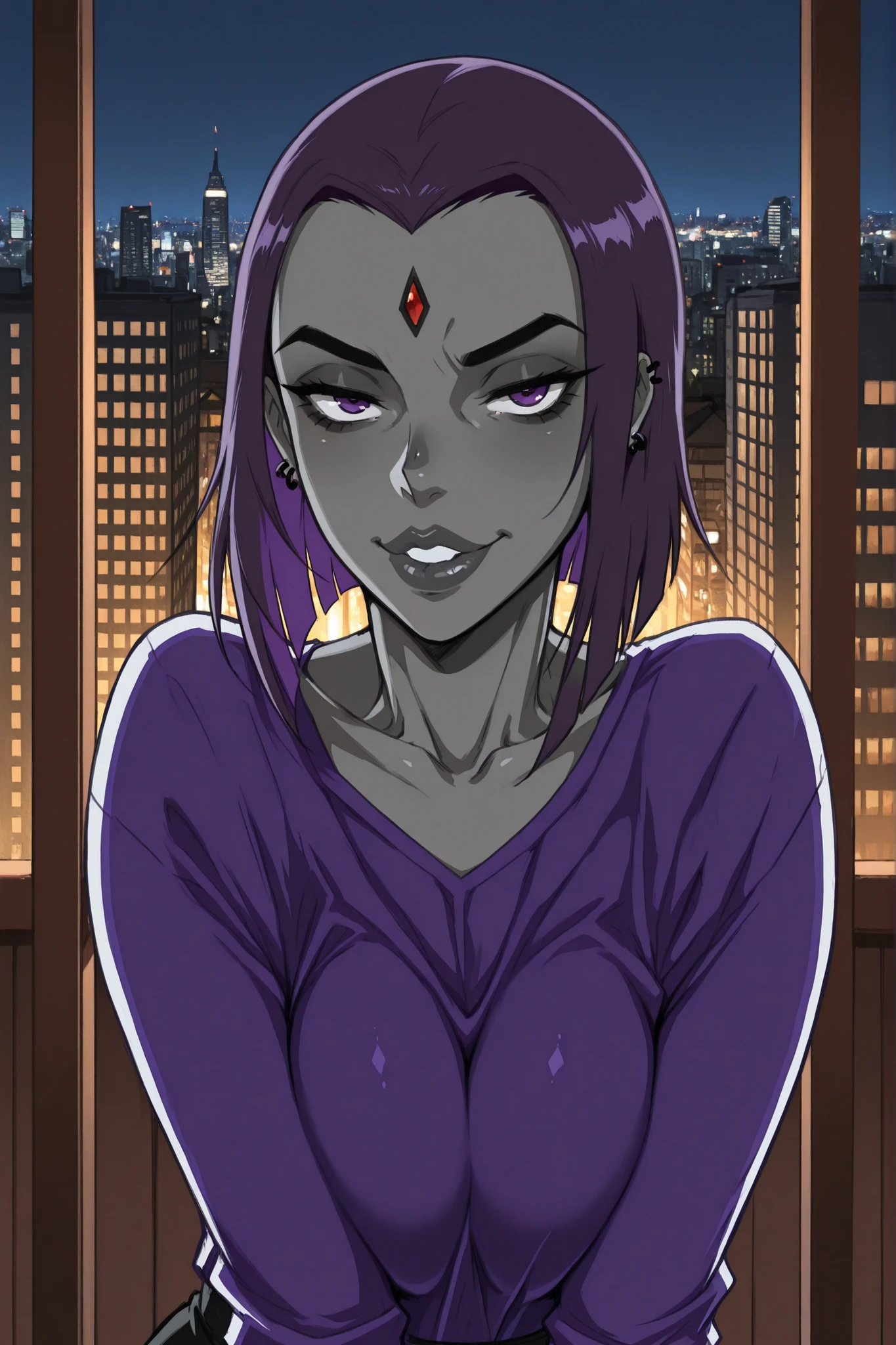 ,IllustriousQual,futanari, slutty goth gyaru,Stable_Yogis_Anatomy_Negatives_V1,Smooth_Quality,(Mikoyan style:0.7),(the pit style:0.7),(masterpiece,best quality,ultra_detailed,highres,absurdres:1.2,amazing quality,very aesthetic), source_anime, raven from teentitans, grey skin,(short dark purple hair), forehead jewel, thick grey lips, purple eyes,andou hiroyuki style, seductive, outdoors, universal lighting, cityscape, (short two tone hair), sexually sugestive pose,