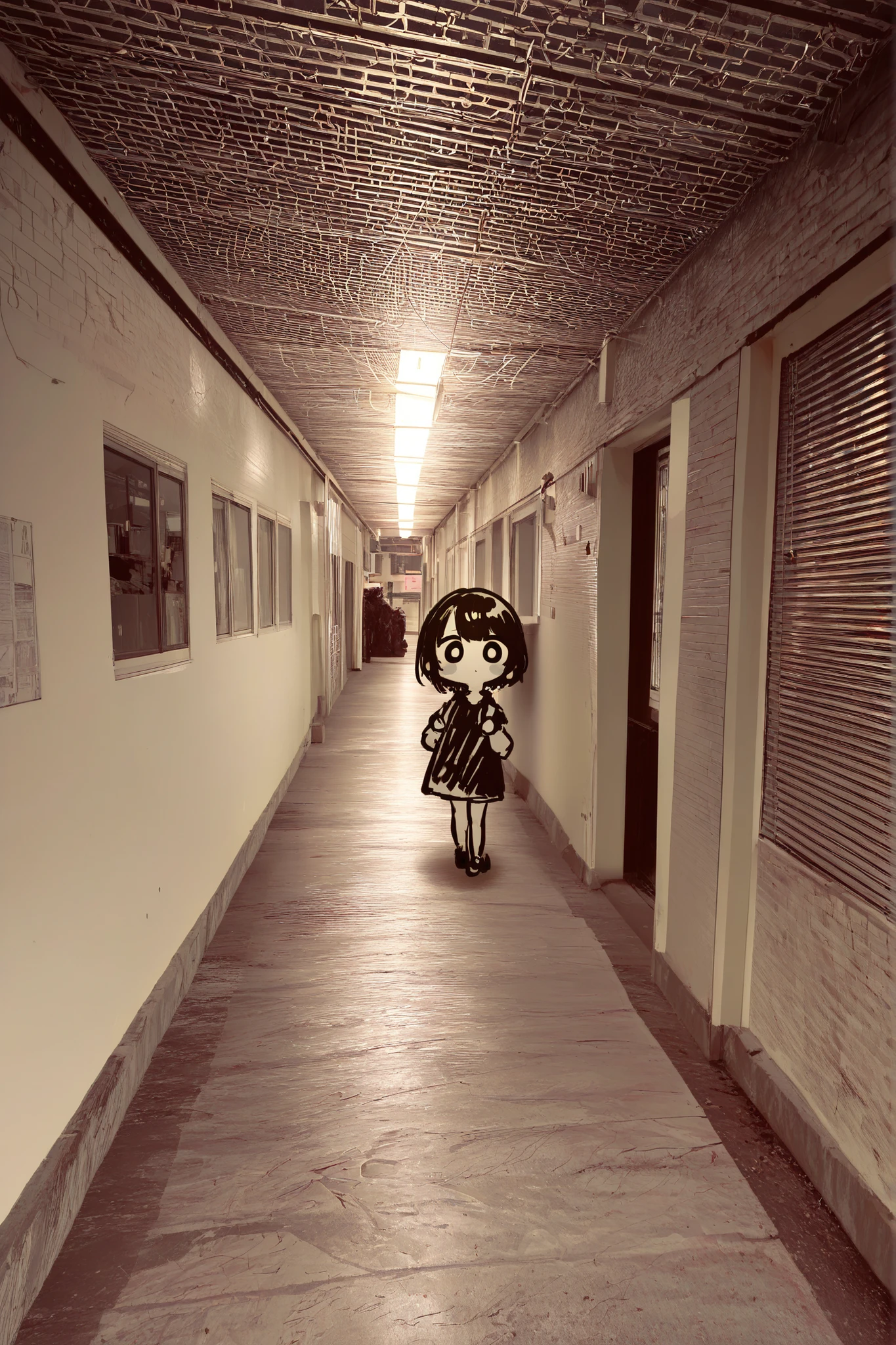 monochrome anime-style girl peeking a wall, only half of her body visible, shy expression, wide eyes looking toward the viewer, hands lightly gripping the edge of the wall, slightly tilted head, soft smile or curious gaze, short hair slightly tousled, subtle blush on cheeks、
photo background:urban street corner or school hallway, concrete or brick wall partially hiding the girl, soft natural lighting, gentle shadows, quiet and peaceful atmosphere, slightly blurred background for depth, everyday setting