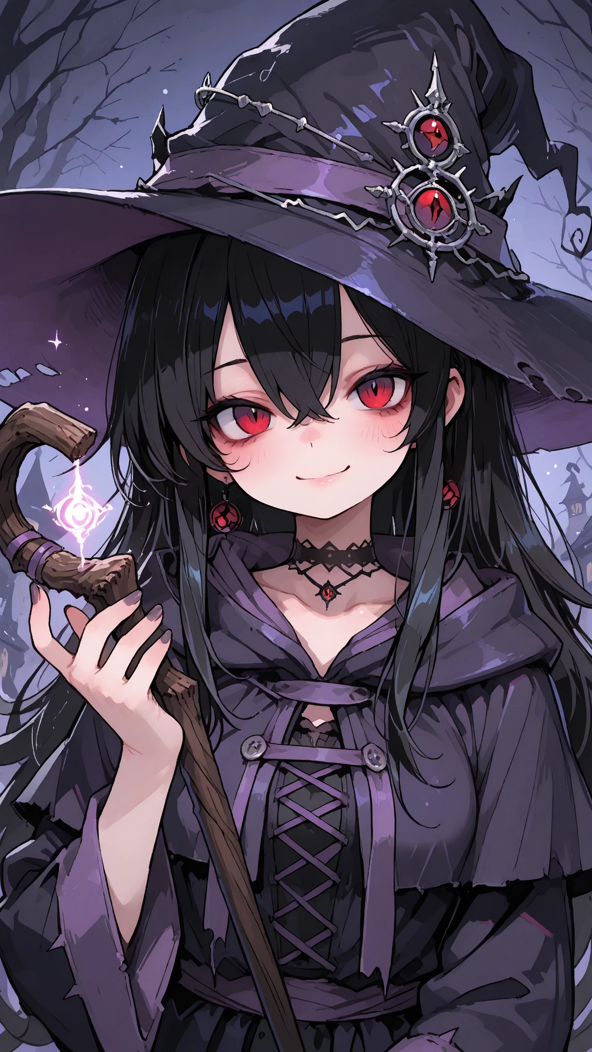 anime girl long purple hair wearing a black Robe. she has pointy ears. Witch Hat. Manga kawaii. iridescent ,An illustration, 0ne person .look back