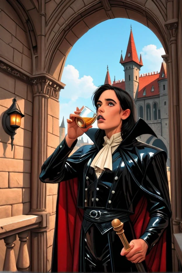 Visual Style: Retro sci-fi meets gothic realism (think Tim Burton meets 1950s pulp) A flying saucer crash-lands in Dracula’s courtyard. Curious aliens in shiny suits wander into the castle, scanning the eerie architecture. Dracula peers from a balcony, sipping from a goblet, both confused and intrigued.