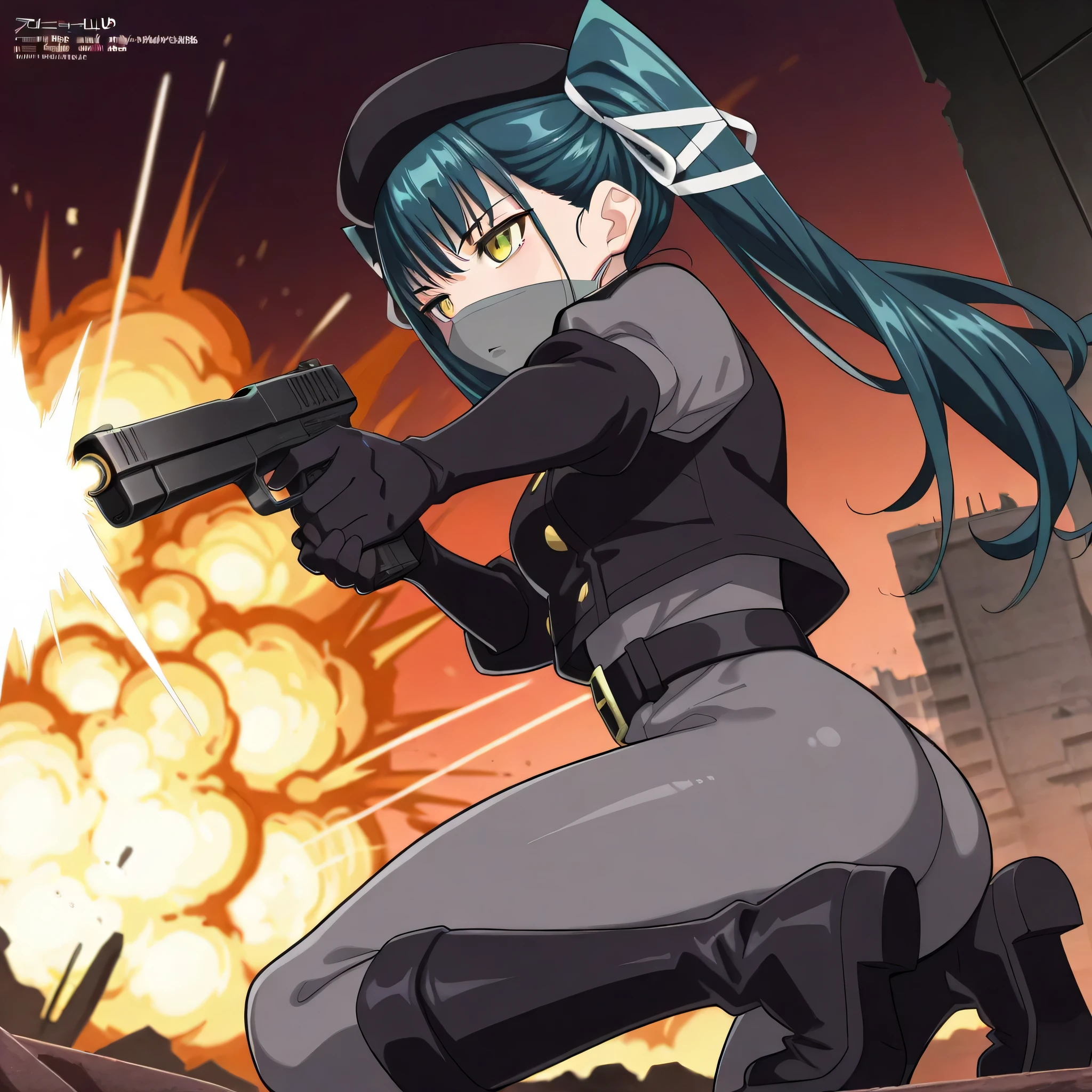 (((Masterpiece))), (((Best Quality))), ((Super Detail)), ultra-High resolution, score_9,score_8_up,score_7_up,score_6_up,score_5_up,score_4_up, BREAK, source_anime, anime screencap, uncensored, Masterpiece, (absurdres), (detailed background), (very aesthetic), detailed beautiful eyes, outstanding, an exquisite animation illustration, curvy, highres, dark persona, black beret, (((mouth mask))), grey bodysuit, black vest, black gloves, elbow gloves, black belt, black boots, knee boots, (((solo, 1girl))), hair ornament, seductive pose, submissive pose, anime style, anime coloring, animification, megami magazine, sexy pose, medium breasts, yachiho azuma, dark teal hair, twin tails, white ribbons in hair, yellow eyes, bangs, sharp eyes, wide hips, expressionless, emotionless, holding gun, pistol from side, side ass, looking side, view from side, aiming, firing, firing at side, expressionless, emotionless, apocalyptic, full body, serious, serious expression, ruin, explosive, explosion, on one knee, dynamic pose, upper body, cowboy shot
