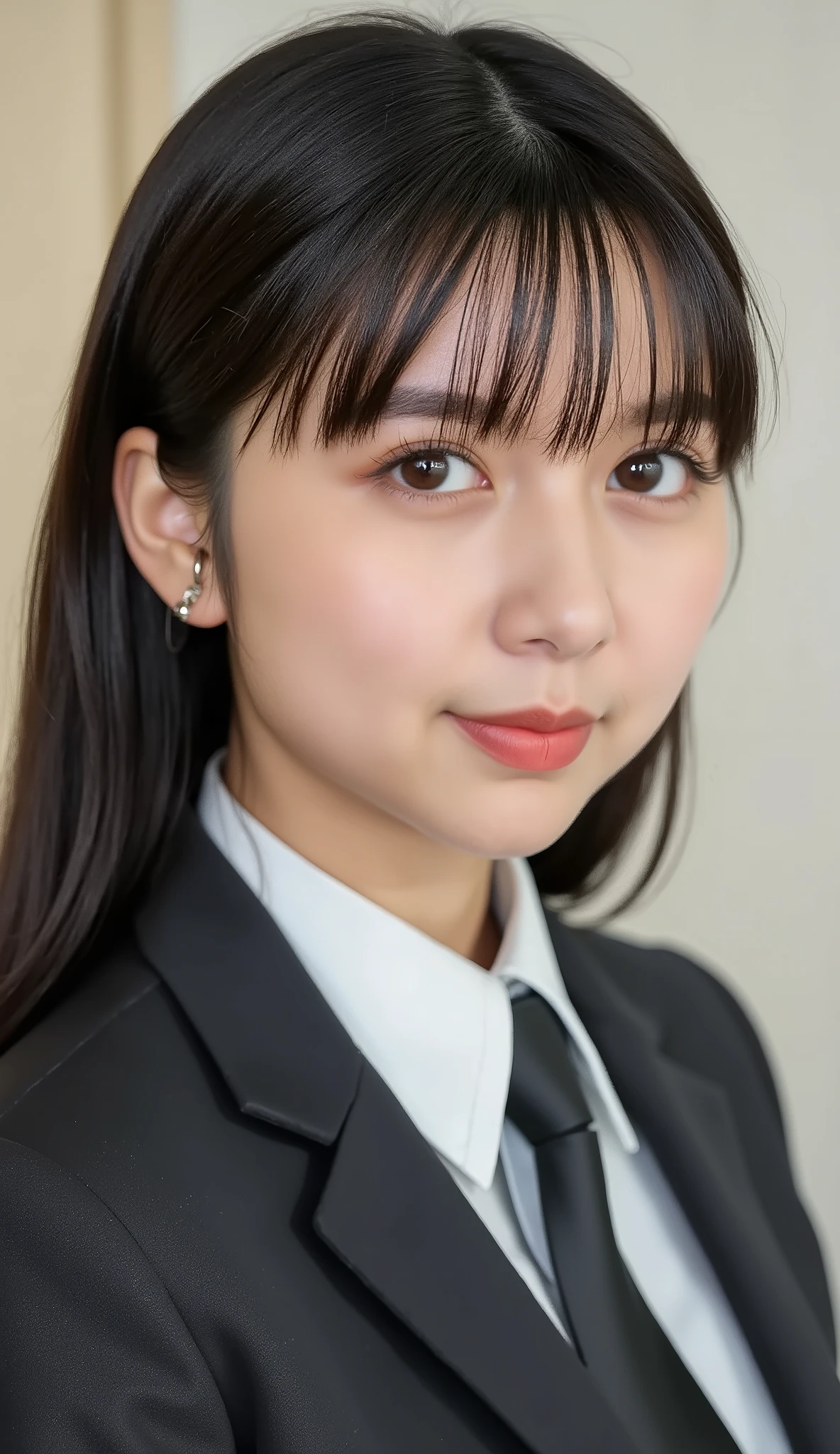 Neat Young Woman、looking at the camera、office lady suit、jacket、shirt、耳にピアス、、無表情、、face close-up、The background is office