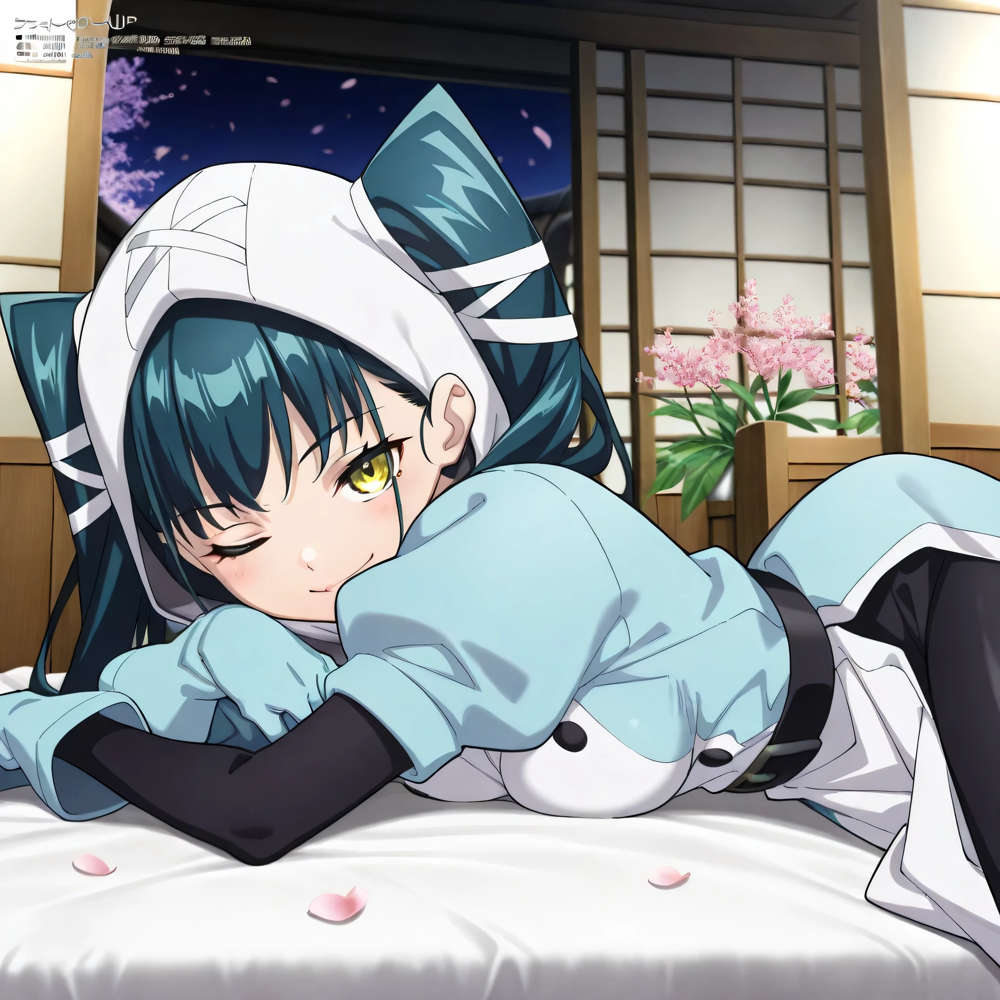 (((Masterpiece))), (((Best Quality))), ((Super Detail)), ultra-High resolution, score_9,score_8_up,score_7_up,score_6_up,score_5_up,score_4_up, BREAK, source_anime, anime screencap, uncensored, Masterpiece, (absurdres), (detailed background), (very aesthetic), detailed beautiful eyes, outstanding, an exquisite animation illustration, curvy, highres, dark persona, (((hood, hood up))), bodysuit under clothes, black bodysuit, light blue surcoat, light blue shirt, short sleeves, black sash, light blue gloves, light blue boots, (((solo, 1girl))), hair ornament, seductive pose, submissive pose, anime style, anime coloring, animification, megami magazine, sexy pose, medium breasts, yachiho azuma, dark teal hair, twin tails, white ribbons in hair, yellow eyes, bangs, sharp eyes, wide hips, night, looking at viewer, smile, wink, happy, tilt head, hand rest, arm rest, head tilt, breast press, lying down on stomach, on stomach, bedroom, japanese architecture, petal, wind, windy, flower,