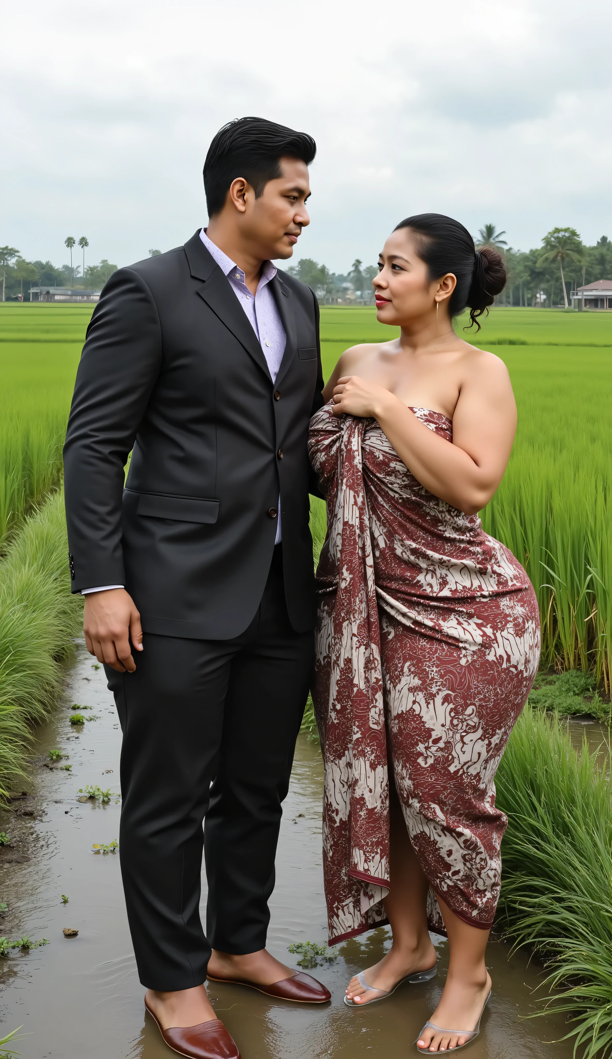 A Javanese attractive mature woman with a provocative curvaceous body, realistic big breasts, is 60 years old and has a figure with prominent curves, a plump with perfect proportions curves, generous curves and plus-size, a body with an hourglass figure, her voluptuous wide hips harmonize with slender wasp waist, with wide legs and wide thighs well-shaped, and her butt in good shape, plump and shaped buttocks. She has characteristics typical of her age, slight wrinkles on her face and gray hair, long hair with an elegant Bun style hairstyle, has beautiful and fine facial features. She wore a long and loose batik kemben dress and transparent-glass heel shoes, She was in the middle of a beautiful rice field, she is a bride for her young skinny son 18 years old. He was wearing a men's batik suit and had black hair, He is next to her, look face to face , he holds her with passion and places his hand close to her buttocks and his other hand hold her breast. they was captured is a modern hyperrealistic cinematic style, captured on a full body overview, with hyperrealistic details and good focus quality.(((LoRA's additional feature has no effect on the men)))