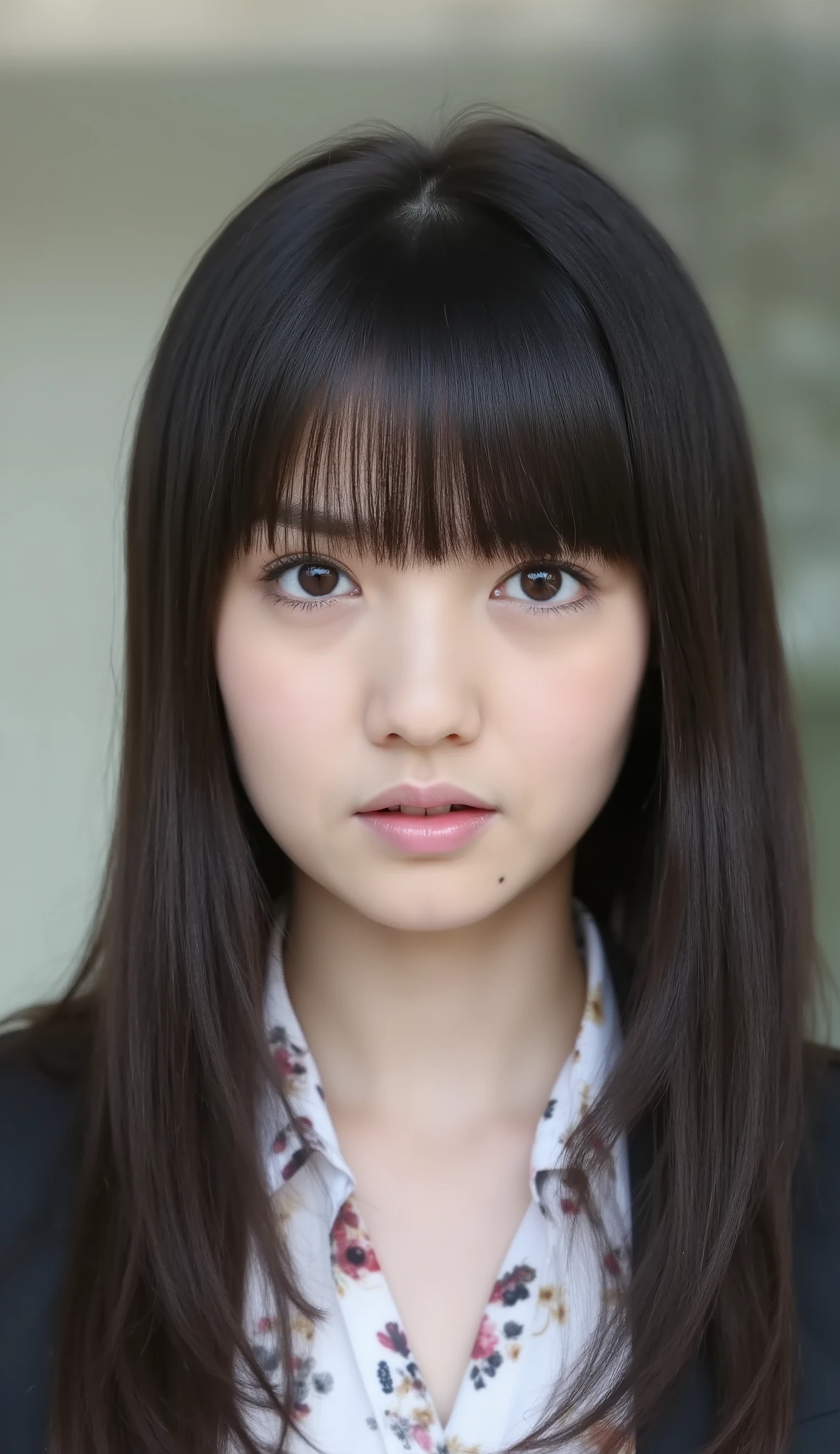 Neat Young Woman、looking at the camera、office lady suit、jacket、shirt、Ear piercings、 、無表情、口を閉じている、face close-up、The background is office