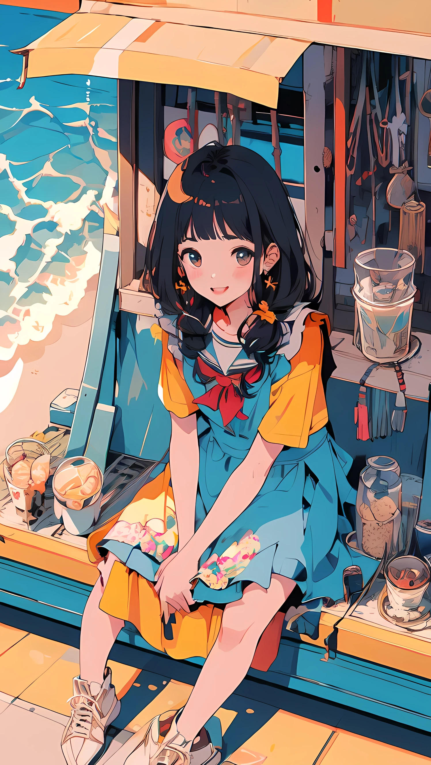 masterpiece, Highest Quality, (Highly Detailed Uniform 8K Wallpaper) (Highest Quality), (best illustration), (Best Shadow)、solo、Super Detailed, detailed eyes、smile、long hair、Full van、sailor suit、ribbon tie、Lots of earthen hairpins、((( wearing a white apron )))、Wrinkles on clothes 、 (((School Festival、Street stalls)))、noon、Outdoors、sit on a chair、clerk、point of view from above、high contrast、DROP SHADOW、