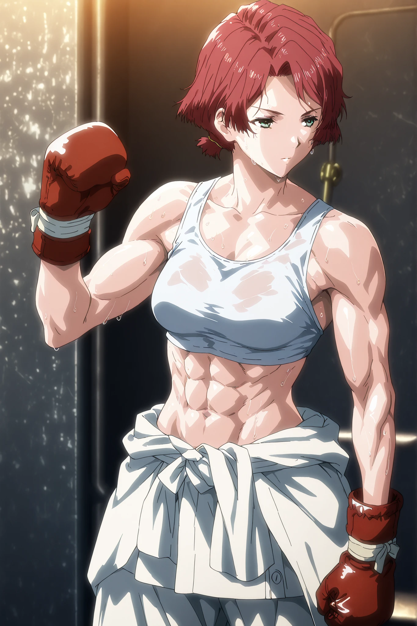 1girl, solo, young mature, yukinakabaneri, green eyes, short hair, red hair, slender, muscle, boxing gloves, white tank top, clothes around waist, white pants, breasts, midriff, abs, sweating