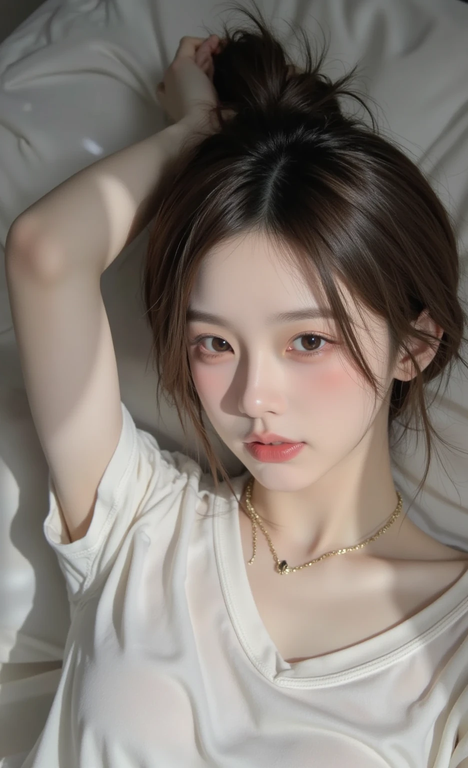 A photorealistic portrait of a 21-year-old sexy  girl with long, dark hair and  dark eyes. She should have a natural, approachable expression and be illuminated by soft, golden-hour sunlight. The background should be a scenic outdoor setting, perhaps a sunlit park or beach en maillot de bain. Capture this image with a high-resolution photograph using an 85mm lens for a flattering perspective
