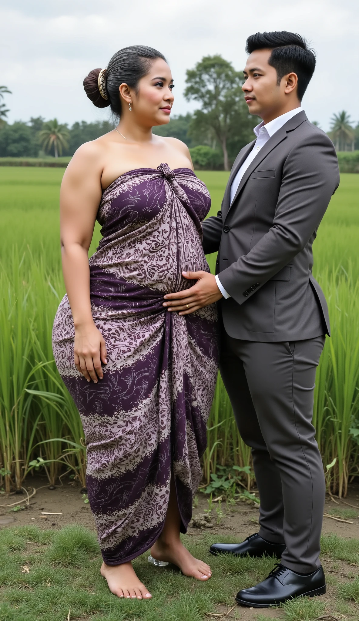A Javanese attractive mature woman with a provocative curvaceous body, realistic big breasts, is 60 years old and has a figure with prominent curves, a plump with perfect proportions curves, generous curves and plus-size, a body with an hourglass figure, her voluptuous wide hips harmonize with slender wasp waist, with wide legs and wide thighs well-shaped, and her butt in good shape, plump and shaped buttocks. She has characteristics typical of her age, slight wrinkles on her face and natural gray hair, long natural gray hair with an elegant Bun style hairstyle, has beautiful and fine facial features. She wore a long and loose batik kemben dress and transparent-glass heel shoes, She was in the middle of a beautiful rice field, she is a bride for her young(thin, skinny, tall)son 12 years old. He was wearing a casual suit and had black hair, He is next to her, look face to face , he holds her with passion and places his hand close to her buttocks. they was captured is a modern hyperrealistic cinematic style, captured on a full body overview, with hyperrealistic details and good focus quality.(((LoRA's additional feature has no effect on the men)))