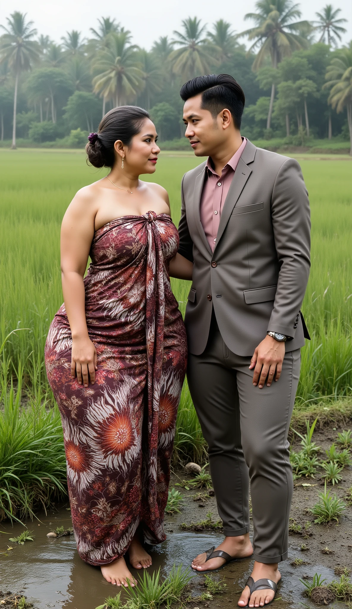 A Javanese attractive mature woman with a provocative curvaceous body, realistic big breasts, is 60 years old and has a figure with prominent curves, a plump with perfect proportions curves, generous curves and plus-size, a body with an hourglass figure, her voluptuous wide hips harmonize with slender wasp waist, with wide legs and wide thighs well-shaped, and her butt in good shape, plump and shaped buttocks. She has characteristics typical of her age, slight wrinkles on her face and natural gray hair, long natural gray hair with an elegant Bun style hairstyle, has beautiful and fine facial features. She wore a long and loose batik kemben dress and transparent-glass heel shoes, She was in the middle of a beautiful rice field, she is a bride for her young(thin, skinny, tall)son 12 years old. He was wearing a casual suit and had black hair, He is next to her, look face to face , he holds her with passion and places his hand close to her buttocks. they was captured is a modern hyperrealistic cinematic style, captured on a full body overview, with hyperrealistic details and good focus quality.(((LoRA's additional feature has no effect on the men)))