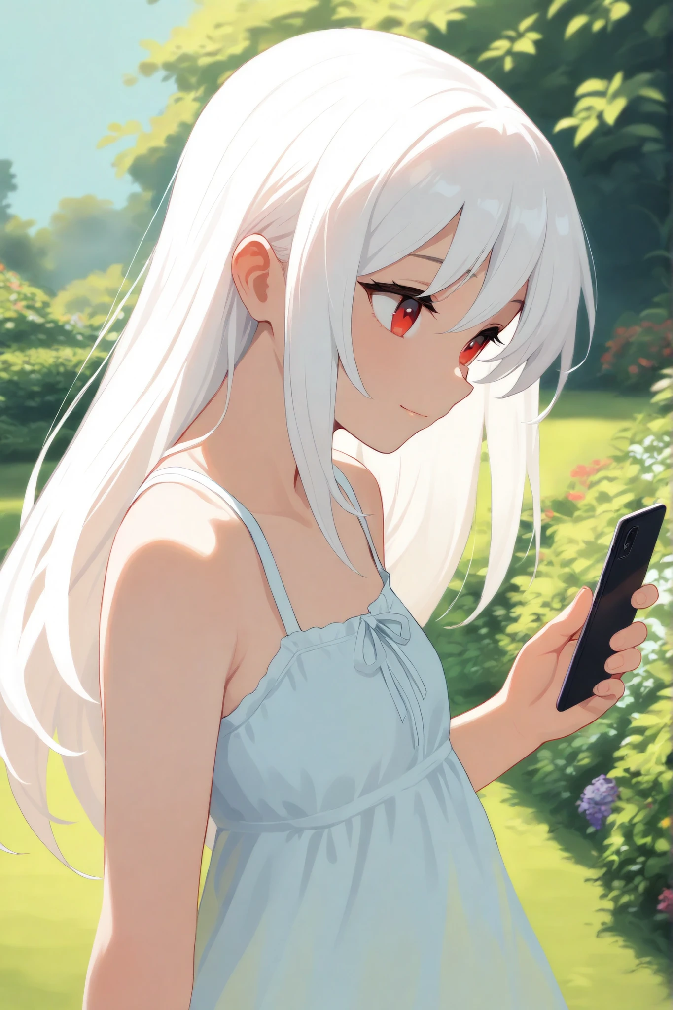masterpiece, best quality, very aesthetic, 1girl, solo, light smile, white hair, long hair, red eyes, upper body, holding phone, sundress, outdoors, garden, day