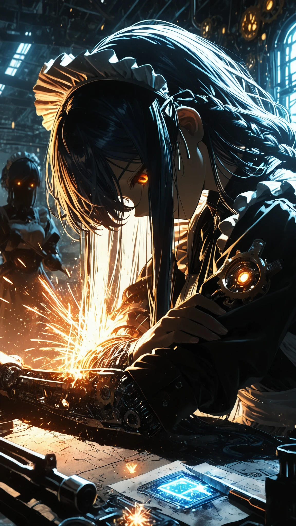 (masterpiece:1.2, Best Quality), C7b3rp0nkStyle, ((very long bangs, hidden face, face hidden by hair)), head tilt, looking up, beautiful face, long sidelocks framing face, long swept bangs, dark blue hair, messy hair, braid, orange eyes, glowing eyes, ((holding tools, sparks)) ((repairing own arm, looking down, placing tool against arm)), futuristic, factory, delicate mechanical features, exposed circuitry, damaged gears scattered, expressionless, intricate steampunk details, maid outfit, frilly headdress, mechanical parts clockwork scattered ground, watercolor and ink, rough texture, sketchy outlines, organic lines, hatching and cross-hatching, paper texture, analog art style with visible brush strokes and line work.