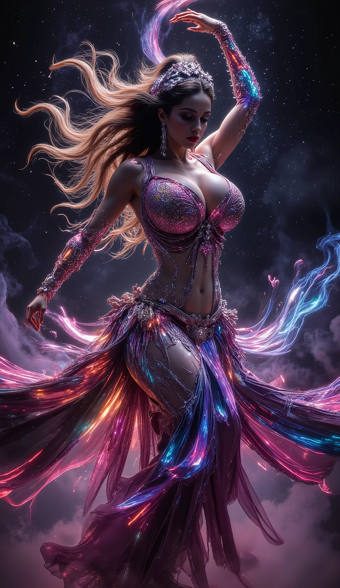 Make a text that said Galaxy Dancing Momma hyperrealistic picture of A beautiful russian belly dancer, she is dancing in a background of colorful smoke on dark solid background, detailed photograph, thick thighs, perfect physique, perfectly located eyes, cinematic style,