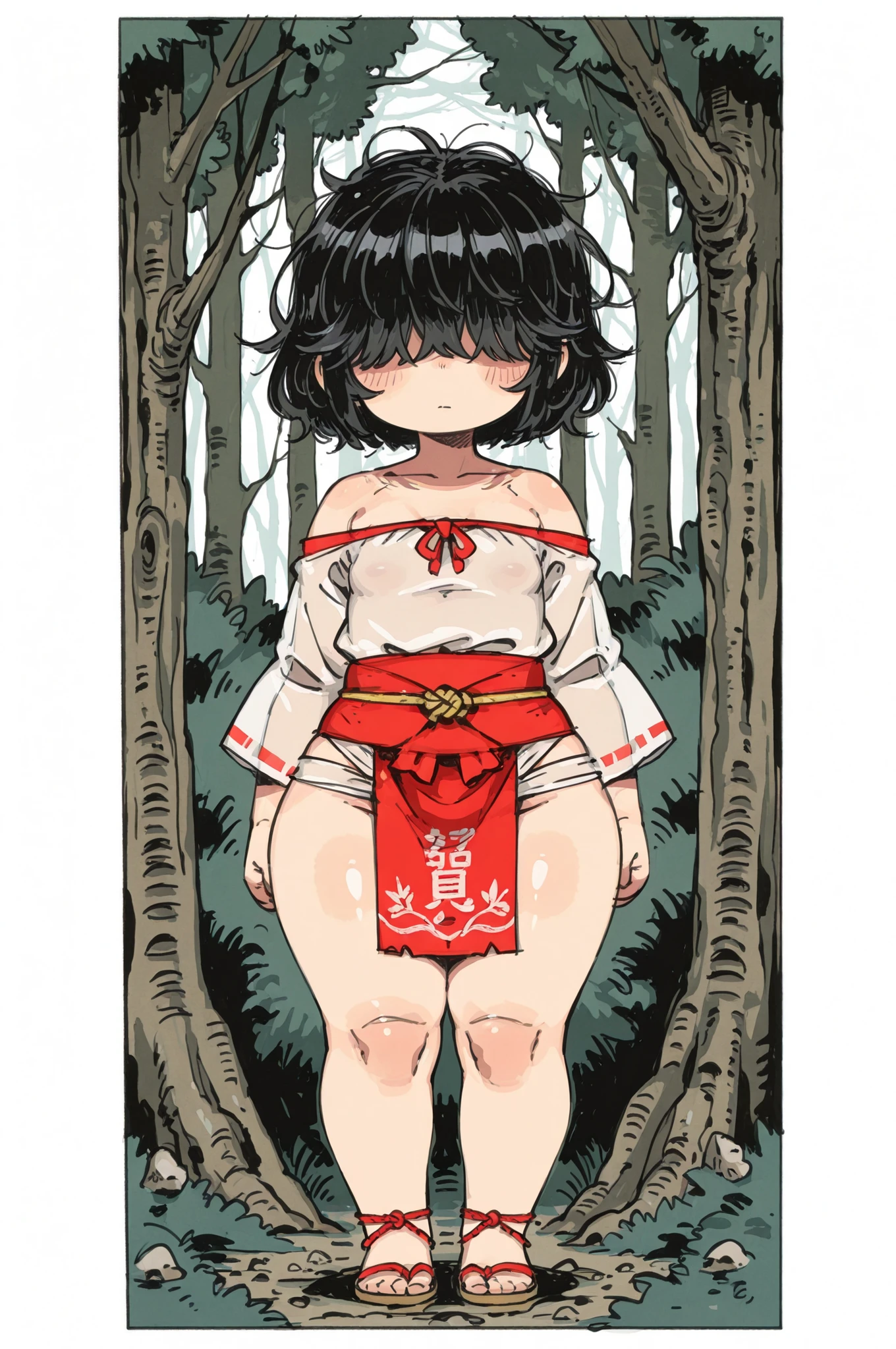 A simple background. A girl in a shrine maiden outfit. A loincloth.Flat boobs. Comic drawing style, off-shoulder,A 20-year-old girl,cibi02-A, See-through clothes, Bangs Over Eyes , thin waist, thick hips, thick thighs,Black hair,Messy hair,Short hair,Child body type,Relatively short stature,bdchibi, whole body,Pop art style, Deep in the mountains, deep in the forest,
