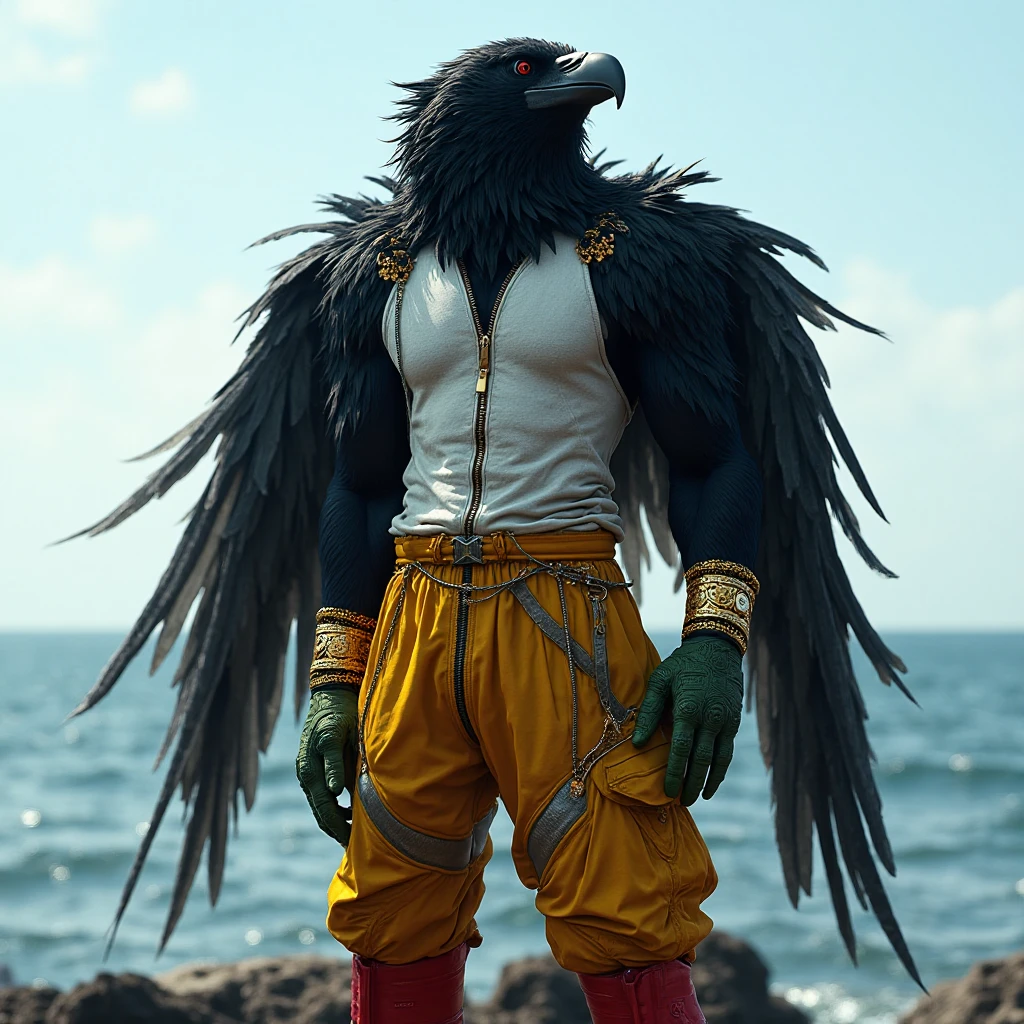 zelda breath of the wild,Revali,male,Birdman,bird wings arm,adult,alone,4K,best quality,lie,lie下,lie著,lie在沙灘上,looking at the audience,hairy,bird tail,Upper body , chest,hairy胸, pink ,Six-pack abs, biceps, anatomically correct,Delicate fur,pride,soft shadow,majestic,Detailed face,High quality eyes,green eyes,black pupils,Sharp eyes,Grandiose,brave,swimming trunks,Confident smile,Strong,mature,Blue sky and white clouds,,seaside,coastal,beach