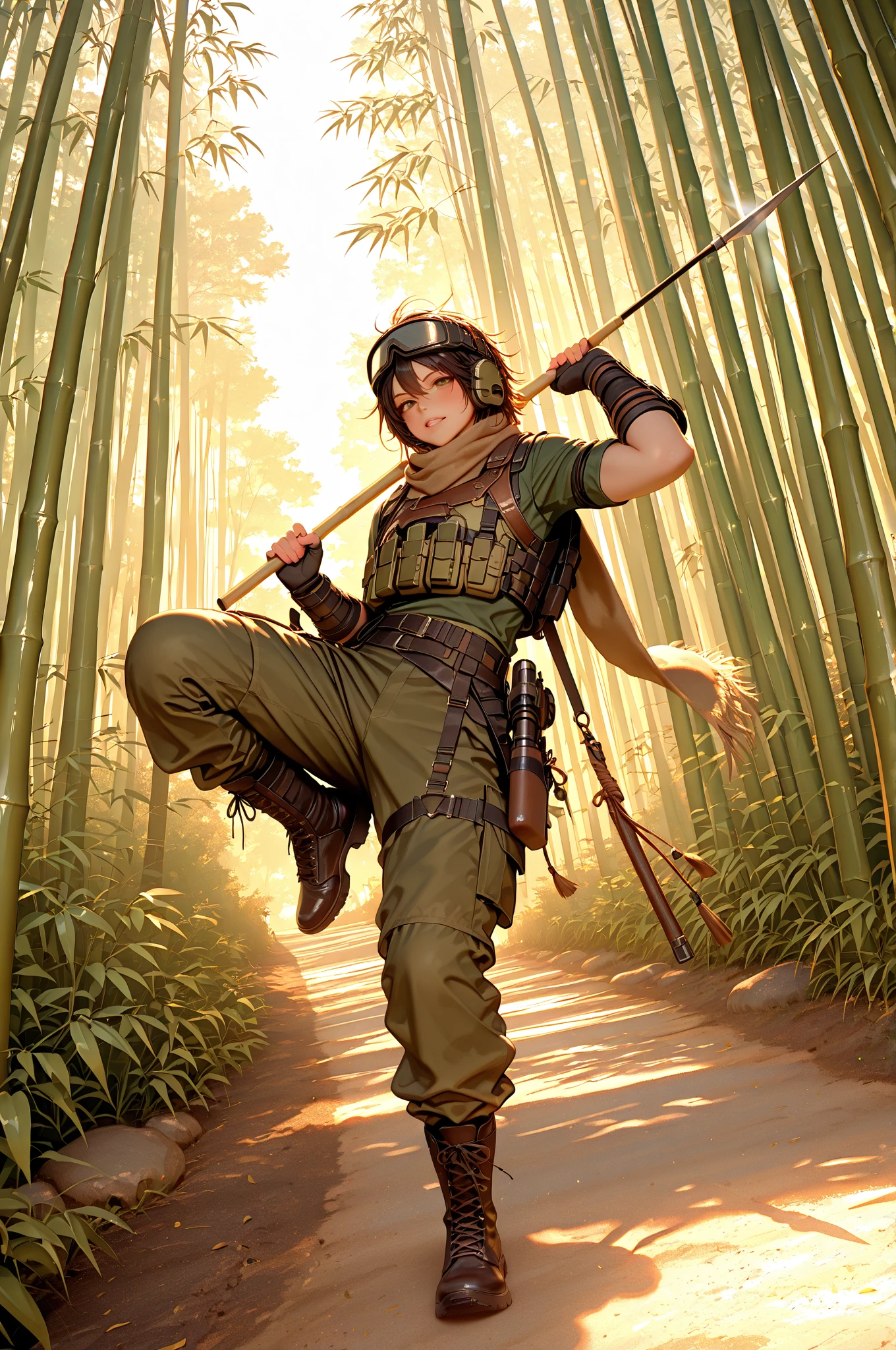 ((Best Quality, 8k, Masterpiece :1.3)), Full Body, Long Legs, Sharp Focus :1.2, A Beautiful Woman with Perfect Body :1.4, Slim Abs :1.1, ((Black Hair, Huge Breasts :0.4)), (Camouflage Jumpsuit, Orange Satchel, Burgundy Glasses), Highly Detailed Face and Skin Texture, Brown Eyes, Beautiful Detailed Eyes, Double Eyelids, Smile, Clear Sky, Professional Lighting, Photon Mapping, Light Energy Transfer, Physical Rendering, ( Pale skin: 1.2), brightened, shank-shot, elk antlers