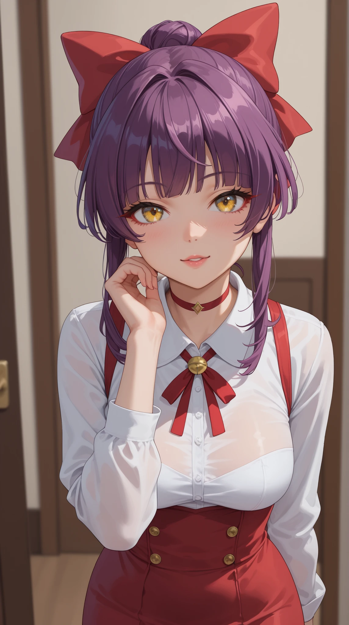 score_9, score_8_up, score_7_up.
white shirt, red short dress, long sleeves, red hair ribbon, red choker.
She's a cute and nasty cat girl, mechanical hoop staring at her anal pussy.
yellow eyes, upturned long eyeliner, long false eyelashes, purple hair, Single Hair Bun, hair bow, red ribbon, tight bangs, eyes can be seen through hair.
she's in great shape, medium breasts, provocative pose with thick whip.
standing position.
Highest Quality, masterpiece.