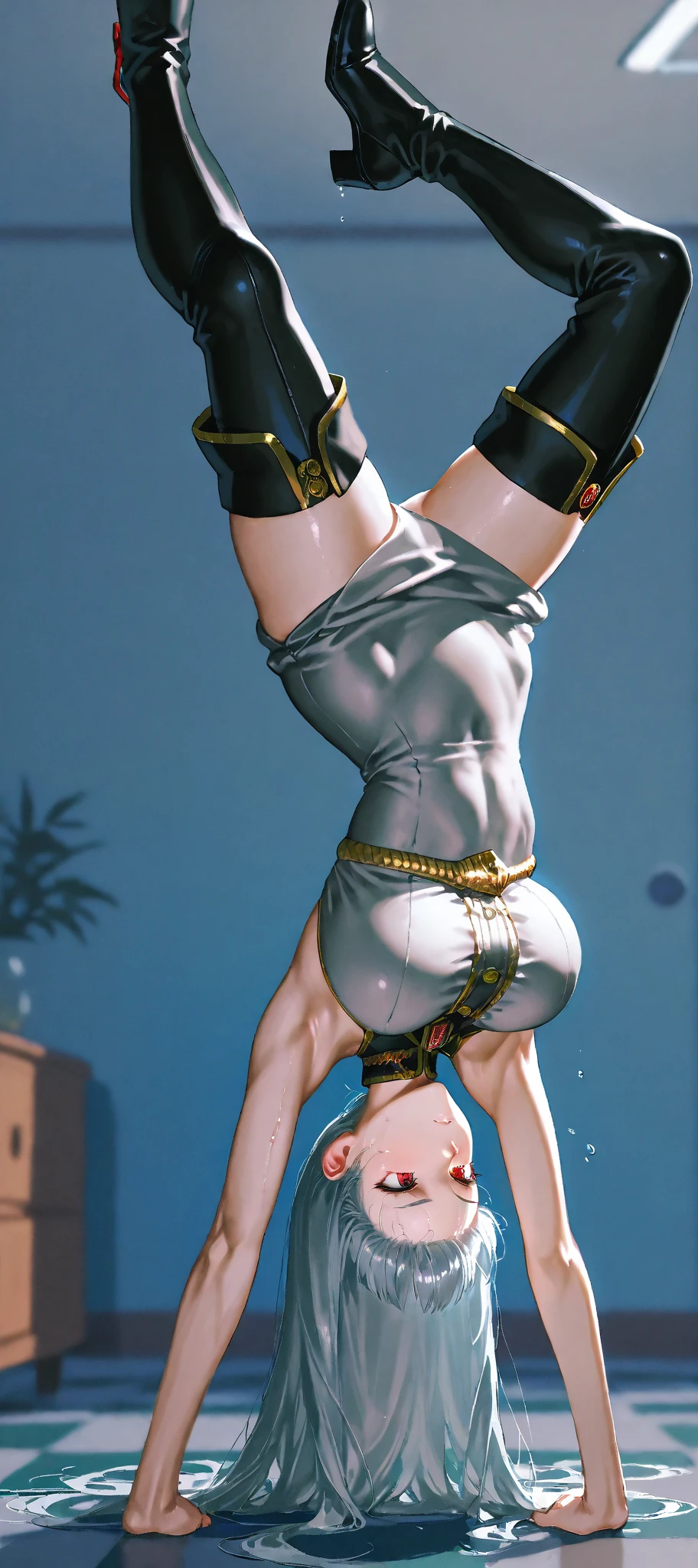 In this captivating work of art, an 18-year-old Japanese woman is depicted in the most intricate and meticulous way. Kneeling on the ground with her back towards the viewer, the emphasis is placed on her stunningly detailed ????????, their glossy skin shimmering in the highest image quality, 8K, as if they were rendered in CGI. The photo is a close-up shot taken from just below the ground, inviting the audience to marvel at every detail.

Her  frame is adorned in a micro ??????, every thread and curve expertly documented. The highly detailed body, every muscle and vein visible, contrasts beautifully