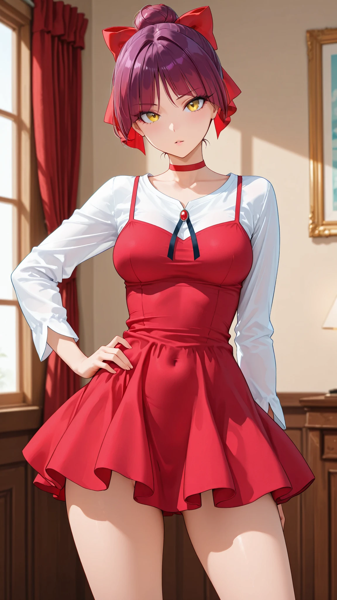 score_9, score_8_up, score_7_up.
white shirt, red short dress, long sleeves, red hair ribbon, red choker.
She's a cute and nasty cat girl, mechanical hoop staring at her anal pussy.
yellow eyes, upturned long eyeliner, long false eyelashes, purple hair, Single Hair Bun, hair bow, red ribbon, tight bangs, eyes can be seen through hair.
she's in great shape, medium breasts, provocative pose with thick whip.
standing position.
Highest Quality, masterpiece.