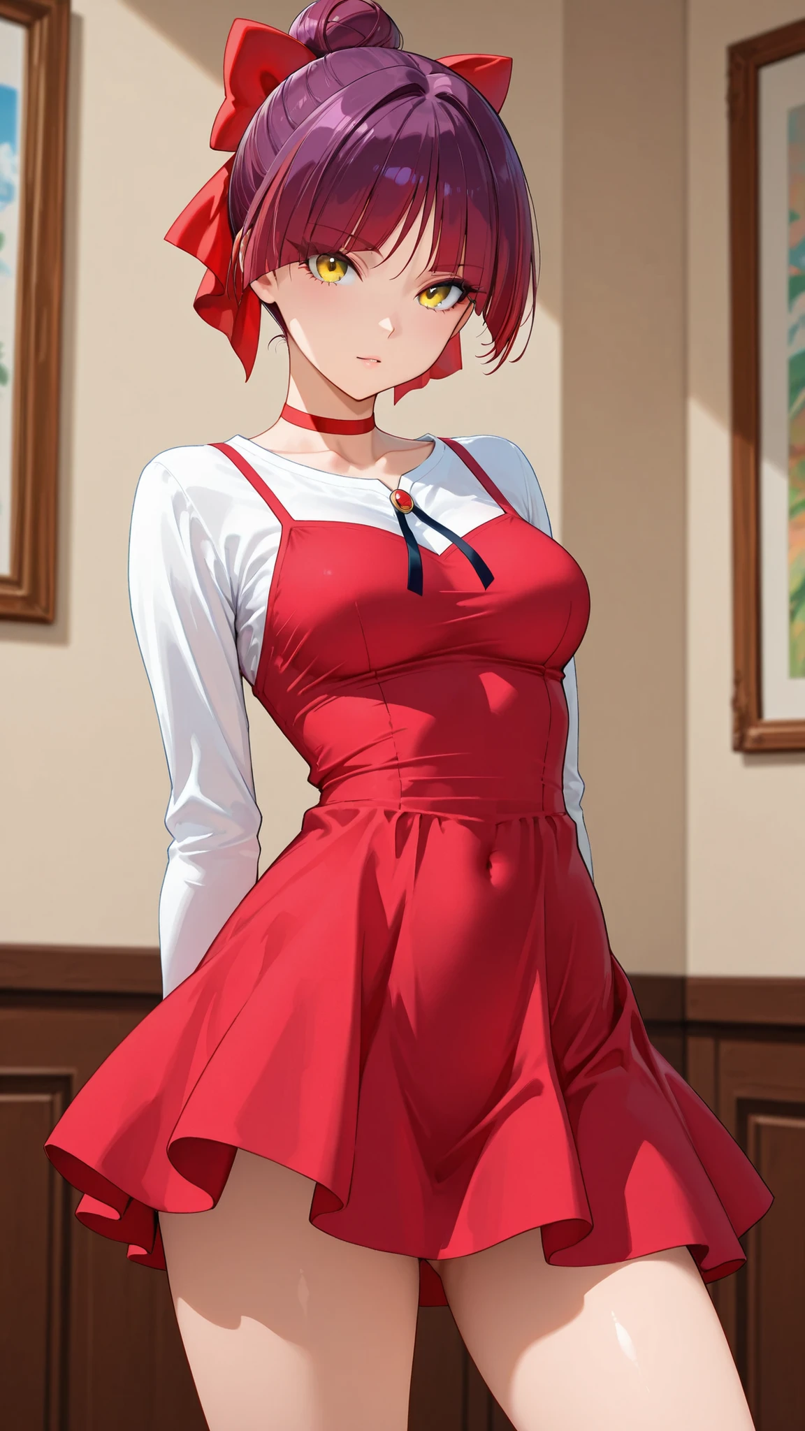 score_9, score_8_up, score_7_up.
white shirt, red short dress, long sleeves, red hair ribbon, red choker.
She's a cute and nasty cat girl, mechanical hoop staring at her anal pussy.
yellow eyes, upturned long eyeliner, long false eyelashes, purple hair, Single Hair Bun, hair bow, red ribbon, tight bangs, eyes can be seen through hair.
she's in great shape, medium breasts, provocative pose with thick whip.
standing position.
Highest Quality, masterpiece.