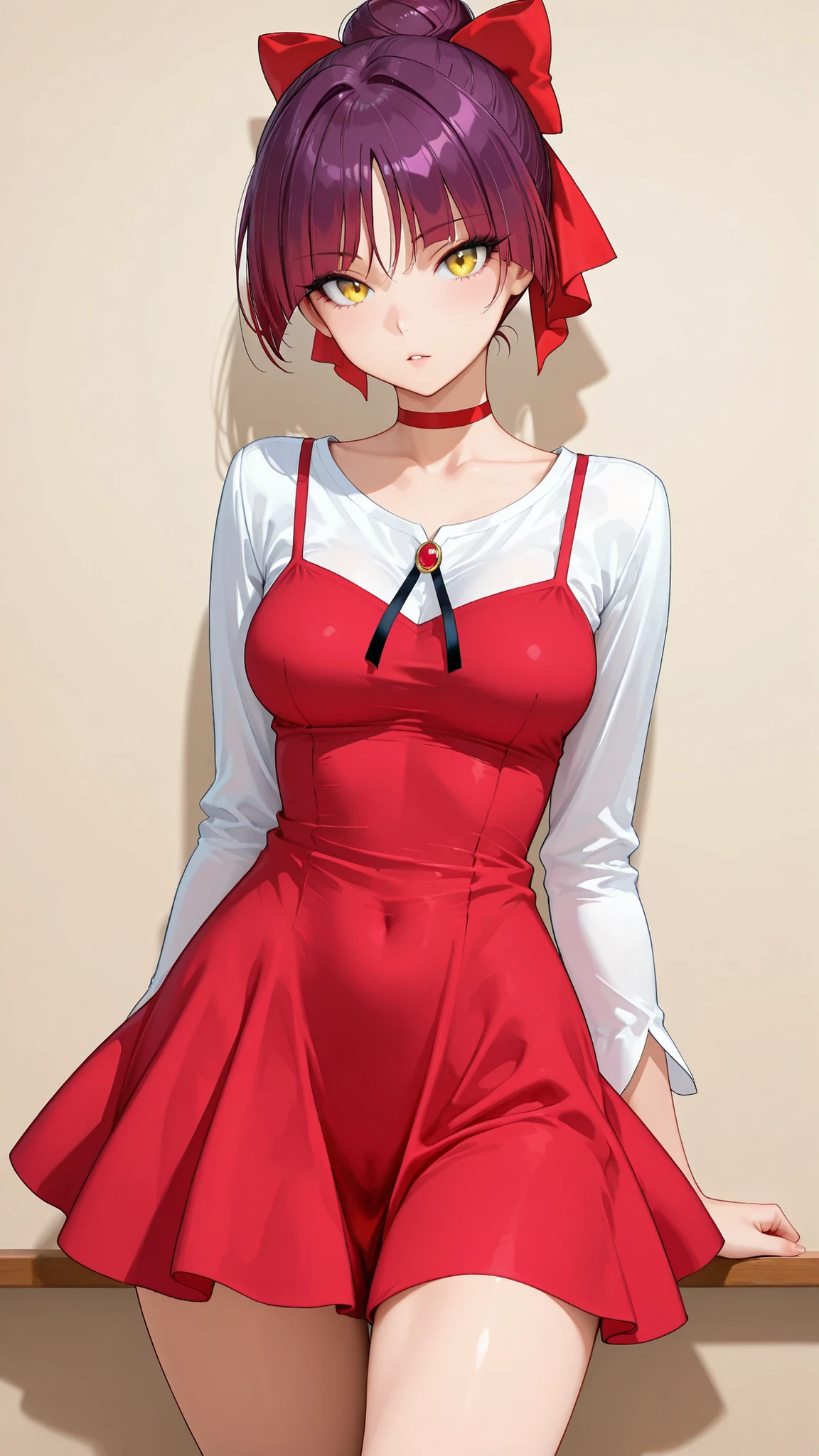 score_9, score_8_up, score_7_up.
white shirt, red short dress, long sleeves, red hair ribbon, red choker.
She's a cute and nasty cat girl, mechanical hoop staring at her anal pussy.
yellow eyes, upturned long eyeliner, long false eyelashes, purple hair, Single Hair Bun, hair bow, red ribbon, tight bangs, eyes can be seen through hair.
she's in great shape, medium breasts, provocative pose with thick whip.
standing position.
Highest Quality, masterpiece.