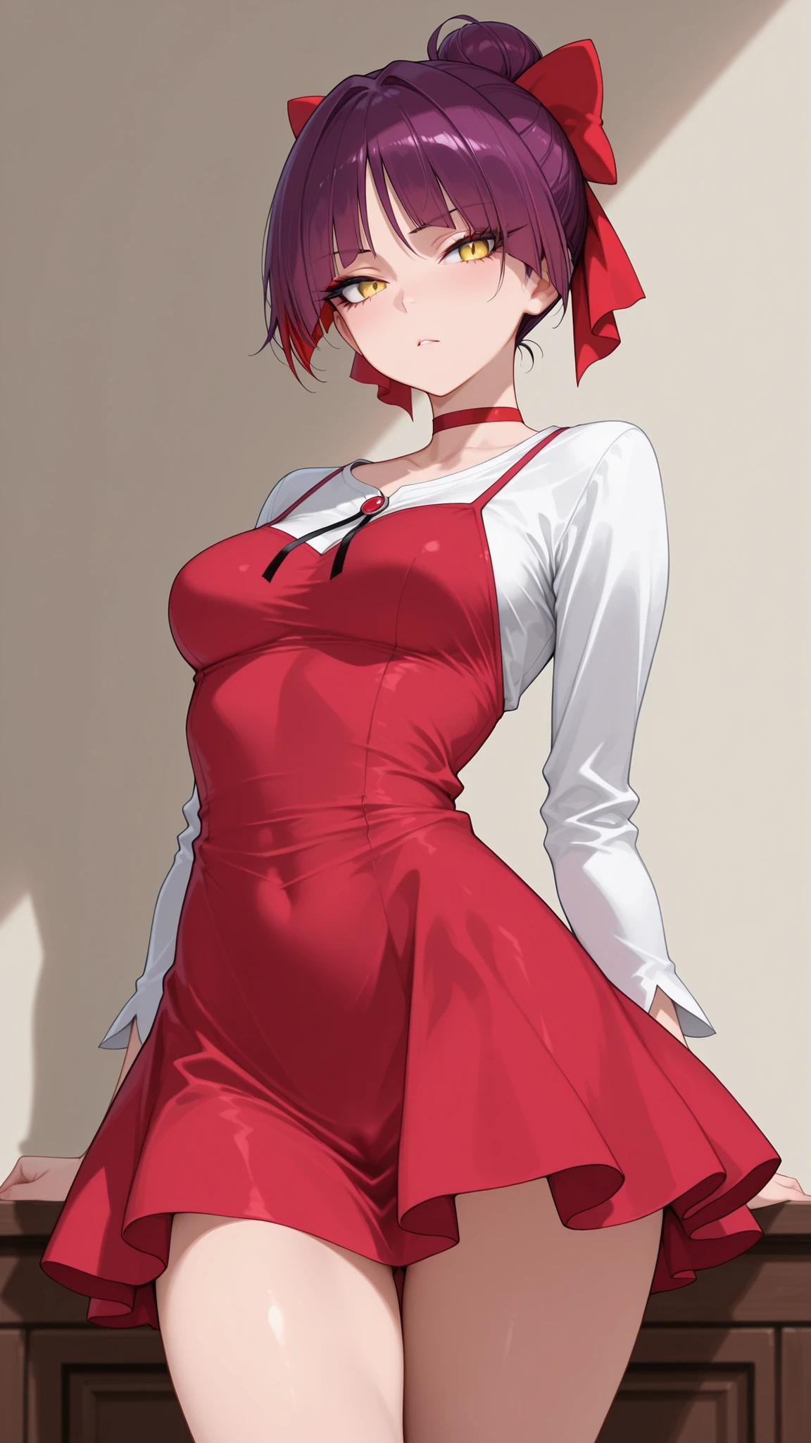 score_9, score_8_up, score_7_up.
white shirt, red short dress, long sleeves, red hair ribbon, red choker.
She's a cute and nasty cat girl, mechanical hoop staring at her anal pussy.
yellow eyes, upturned long eyeliner, long false eyelashes, purple hair, Single Hair Bun, hair bow, red ribbon, tight bangs, eyes can be seen through hair.
she's in great shape, medium breasts, provocative pose with thick whip.
standing position.
Highest Quality, masterpiece.