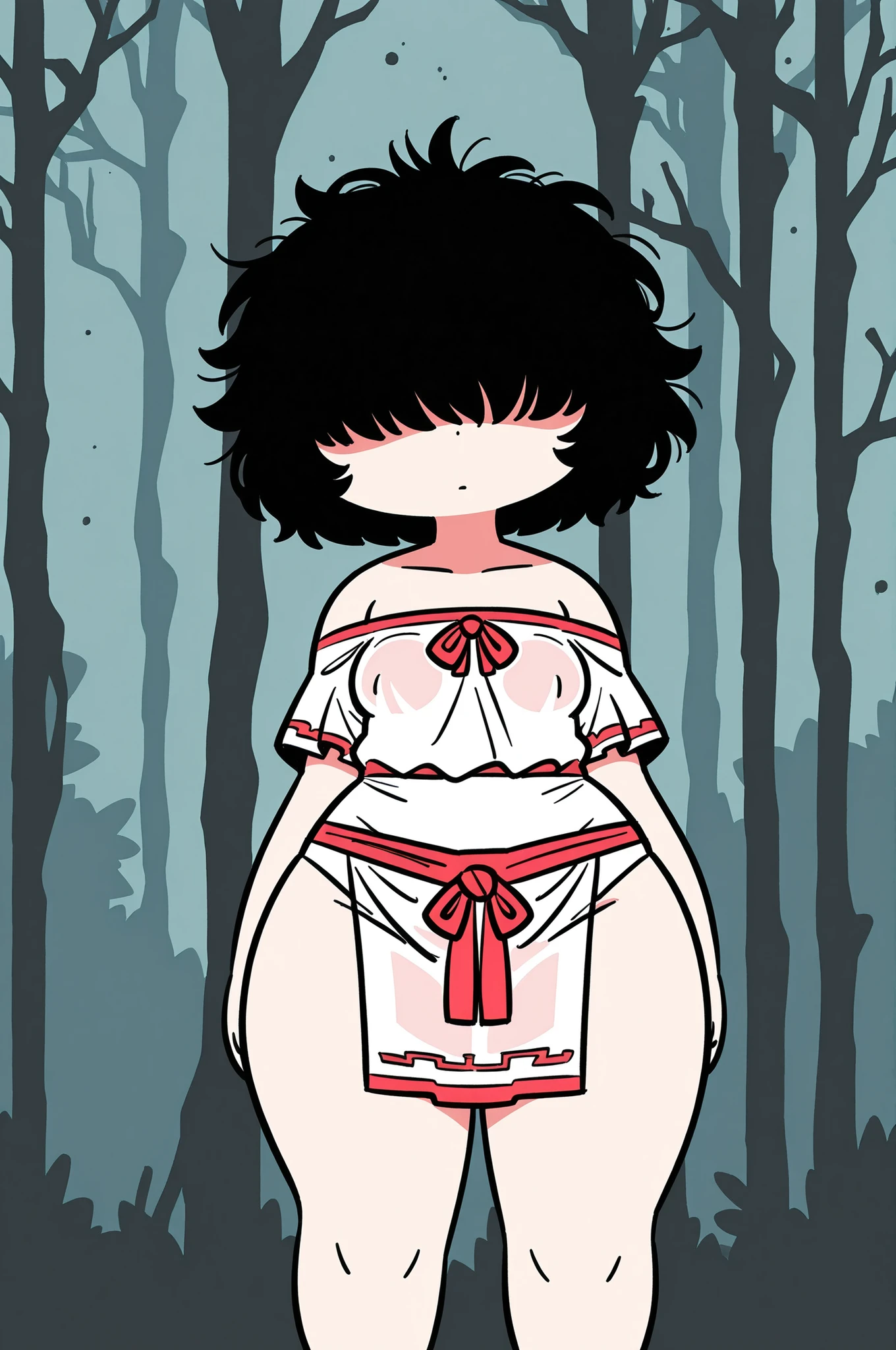 A simple background. A girl in a shrine maiden outfit. A loincloth.Flat boobs. Comic drawing style, off-shoulder,A 20-year-old girl,cibi02-A, See-through clothes, Bangs Over Eyes , thin waist, thick hips, thick thighs,Black hair,Messy hair,Short hair,Child body type,Relatively short stature,bdchibi, whole body,Pop art style, Deep in the mountains, deep in the forest, Nagai Hiroshi
