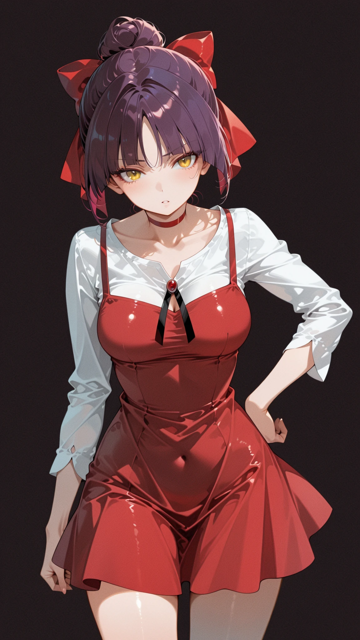 score_9, score_8_up, score_7_up.
white shirt, red short dress, long sleeves, red hair ribbon, red choker.
She's a cute and nasty cat girl, mechanical hoop staring at her anal pussy.
yellow eyes, upturned long eyeliner, long false eyelashes, purple hair, Single Hair Bun, hair bow, red ribbon, tight bangs, eyes can be seen through hair.
she's in great shape, medium breasts, provocative pose with thick whip.
standing position.
Highest Quality, masterpiece.