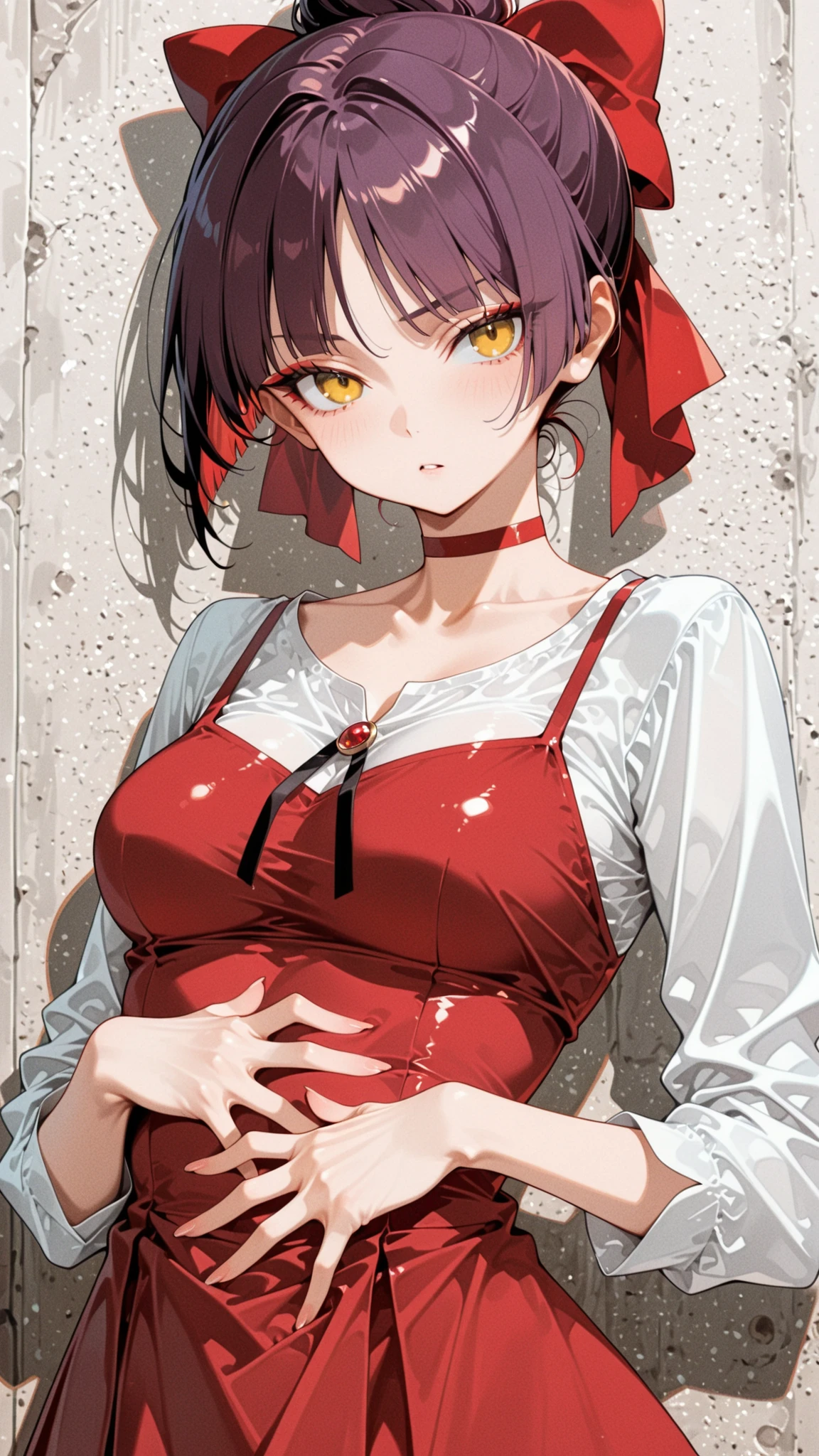 score_9, score_8_up, score_7_up.
white shirt, red short dress, long sleeves, red hair ribbon, red choker.
She's a cute and nasty cat girl, mechanical hoop staring at her anal pussy.
yellow eyes, upturned long eyeliner, long false eyelashes, purple hair, Single Hair Bun, hair bow, red ribbon, tight bangs, eyes can be seen through hair.
she's in great shape, medium breasts, provocative pose with thick whip.
standing position.
Highest Quality, masterpiece.