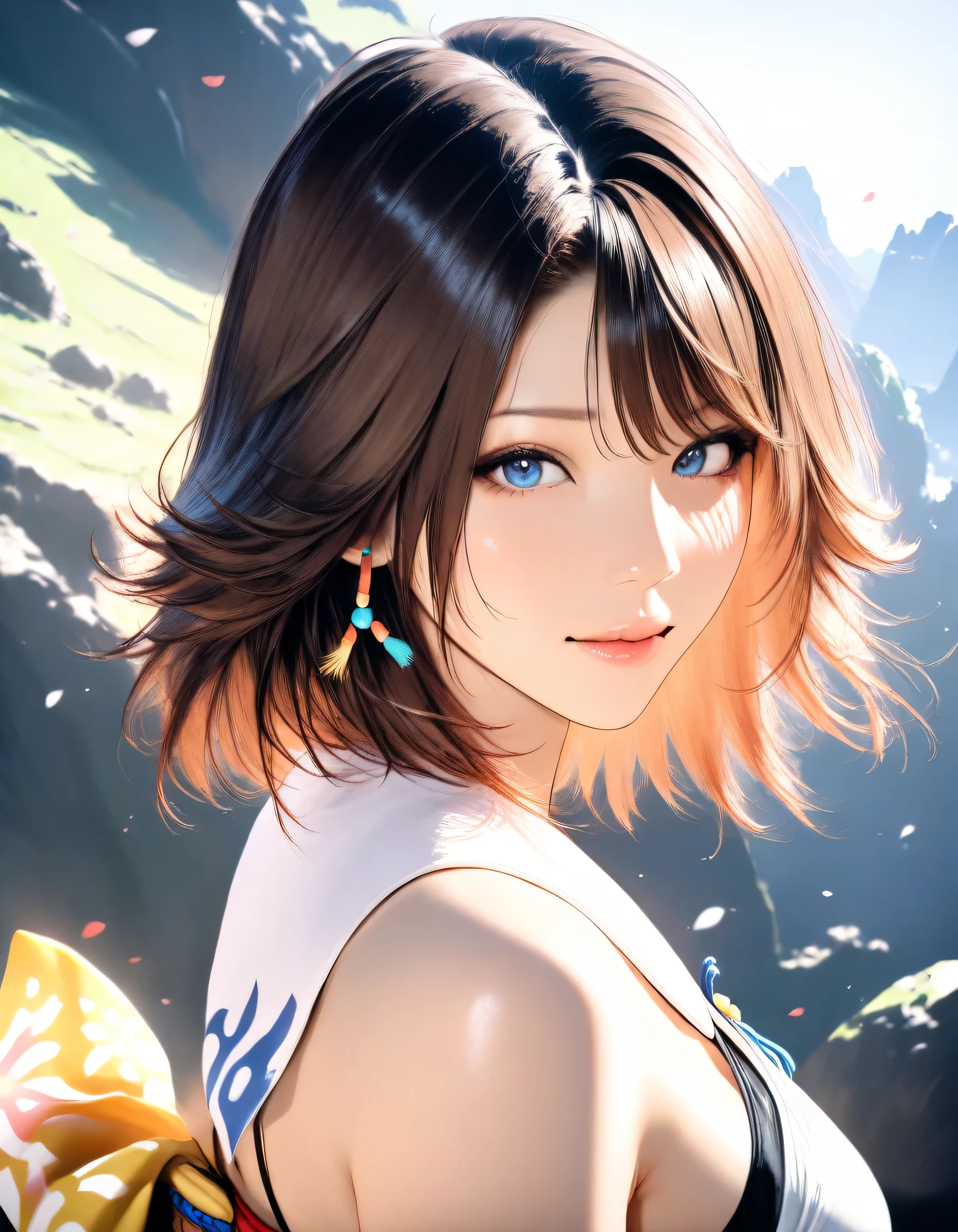 1girl, yuna \(ff10\), saga frontier 2, upper body, another world, last battle, breathtaking view, 16k, Ultra detailed, (realistic, photorealistic : 0.5), masterpiece, high score, great score, absurdres