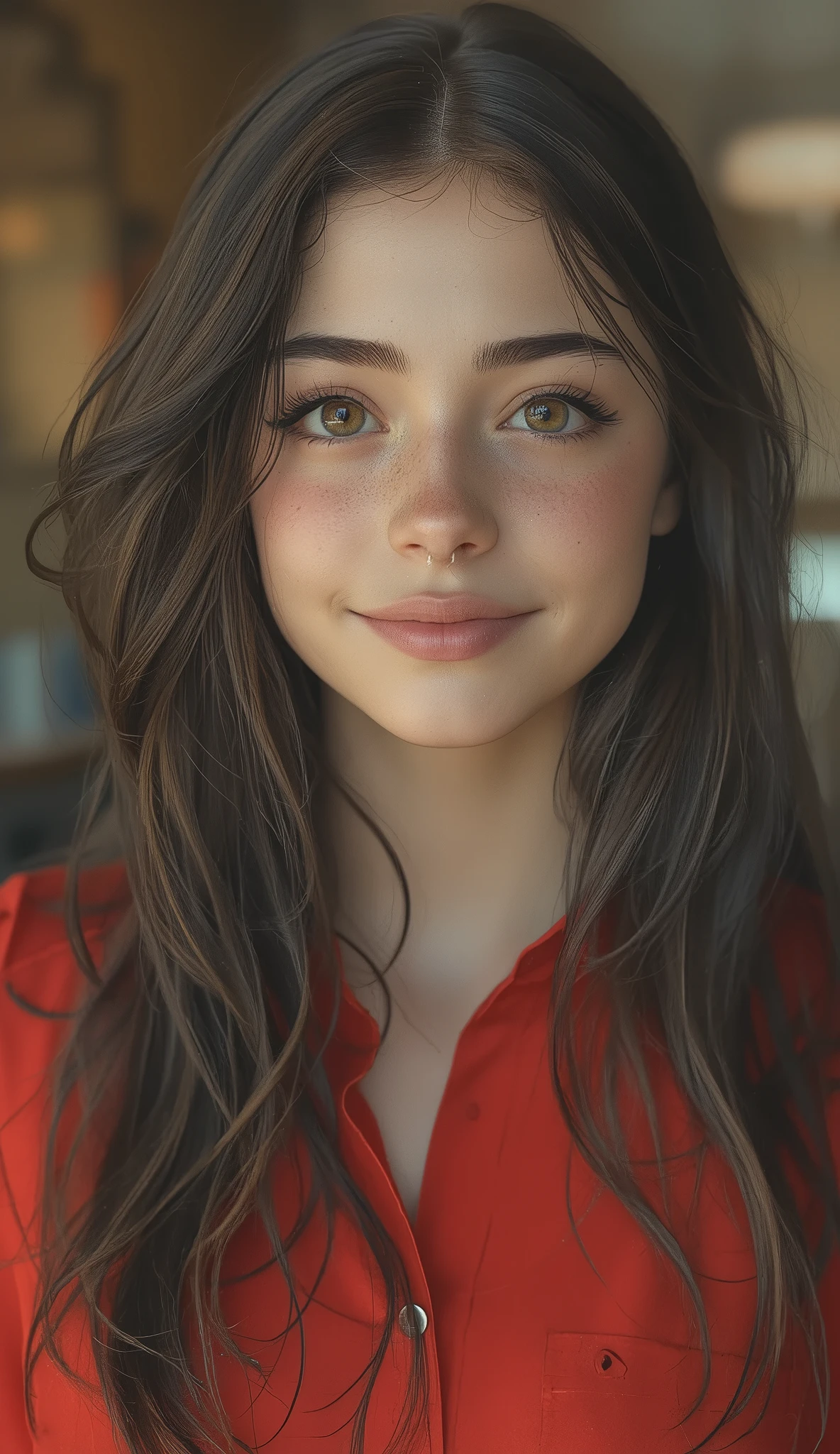 Arabian woman with long hair and red shirt is smiling, Anya_, Anya taylor joy, beautiful teen girl, Synthwave, Anya , Anya taylor - joy, slightly cute smile, Dafne Keen, portrait Sophie Mudd, Photo of a beautiful teenage girl taken with a DSLR camera, close-up portrait photo、Sad、crying face、