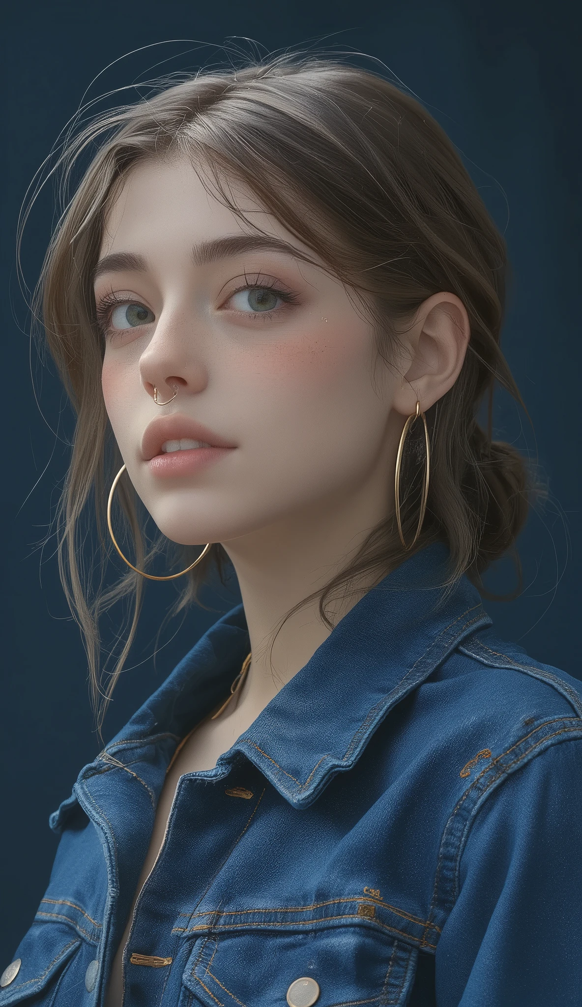 The image shows a person wearing dark blue denim clothing and elegant gold hoop earrings. character's hair is casually styled, The slightly disheveled hair hangs loosely. Denim has a classic design with stitching and metal buttons visible, reminiscent of a jacket or coat. earrings are medium sized hoops that give the image a warm and attractive、It has a slight shine, and adds a sophisticated vibe to the overall look. The background is a muted dark blue, complements denim, create a harmonious, understated tone The. the lighting is soft, enhances the texture of the denim and the brilliance of the earrings without casting strong shadows, feel warm and attractive.、The Kendaikan