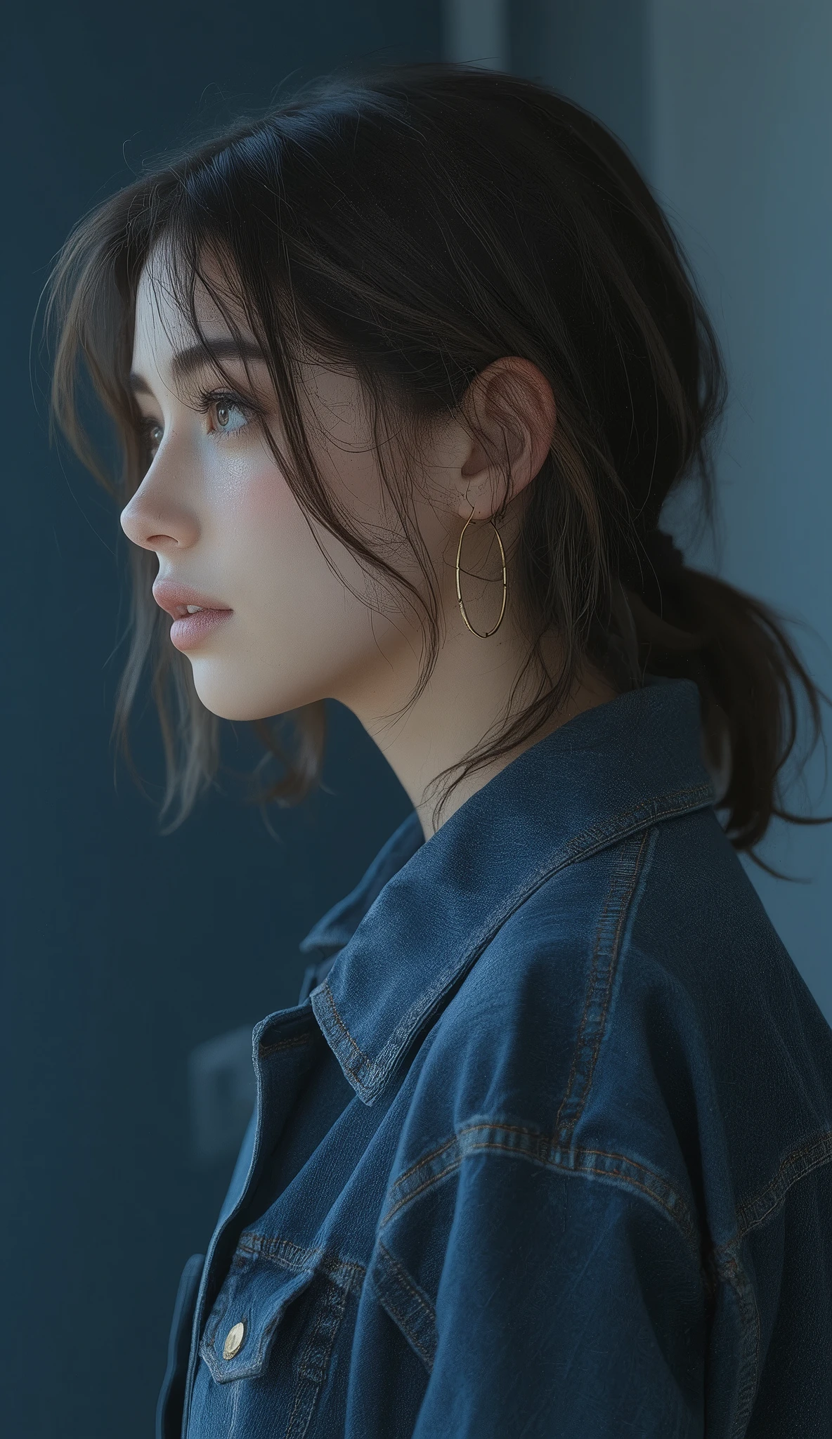 The image shows a person wearing dark blue denim clothing and elegant gold hoop earrings. character's hair is casually styled, The slightly disheveled hair hangs loosely. Denim has a classic design with stitching and metal buttons visible, reminiscent of a jacket or coat. earrings are medium sized hoops that give the image a warm and attractive、It has a slight shine, and adds a sophisticated vibe to the overall look. The background is a muted dark blue, complements denim, create a harmonious, understated tone The. the lighting is soft, enhances the texture of the denim and the brilliance of the earrings without casting strong shadows, feel warm and attractive.、The Kendaikan