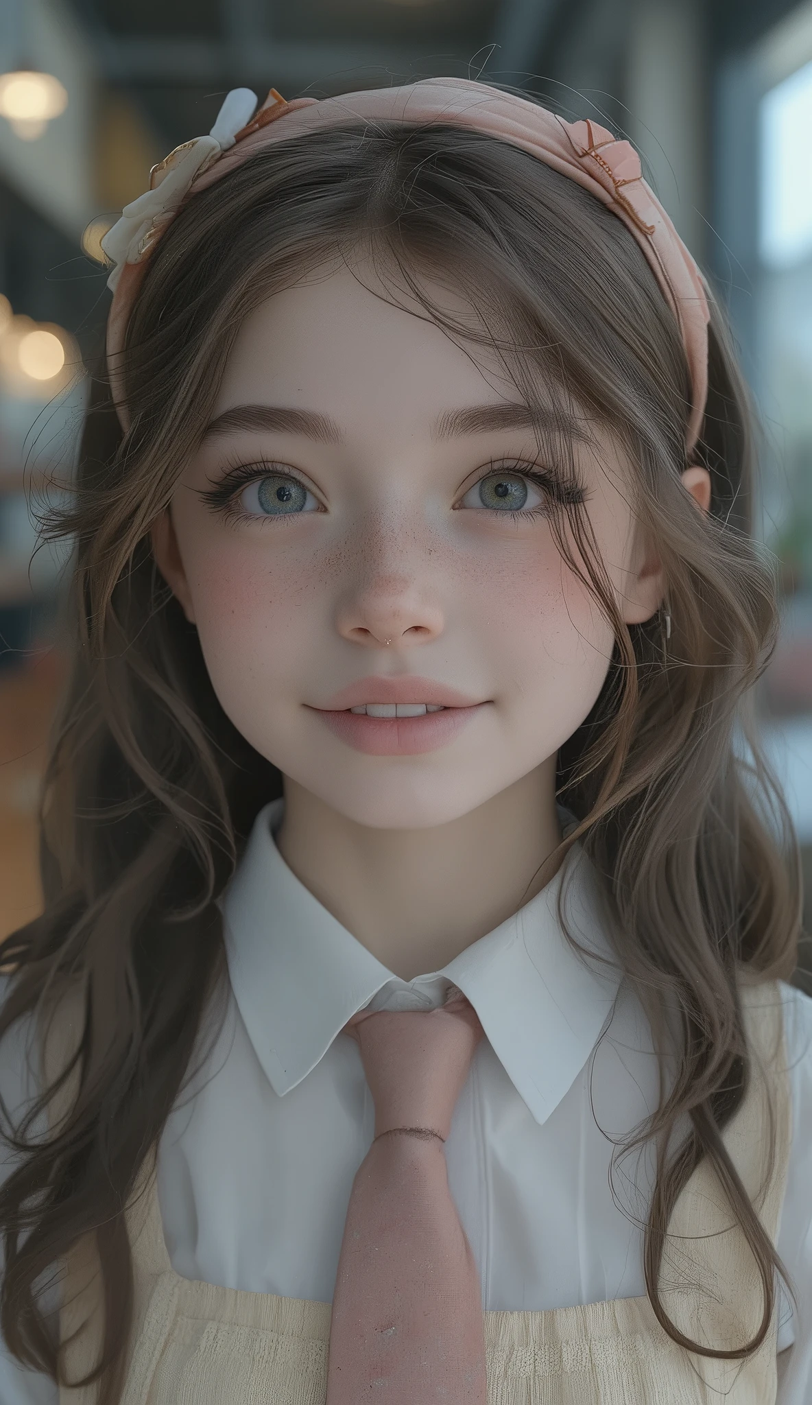 there is a young girl wearing a headband and tie, light Cute Freckles,  Soft Freckles , pale freckles, Small freckles, hyperREAL HIGH SCHOOL GIRL, Cute Freckles, with freckles, sleeve, very pale freckles, a hyperREAL HIGH SCHOOL GIRL, young cute girl, REAL HIGH SCHOOL GIRL, Signs of freckles、embarrassed、shy laugh, portrait of a high school student, soft portrait shot 8k