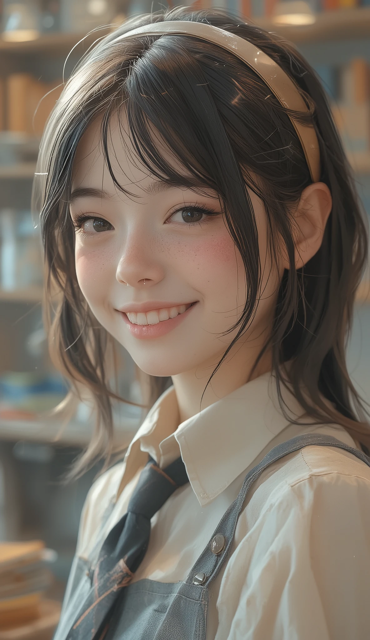 there is a young girl wearing a headband and tie, light Cute Freckles,  Soft Freckles , pale freckles, Small freckles, hyperREAL HIGH SCHOOL GIRL, Cute Freckles, with freckles, sleeve, very pale freckles, a hyperREAL HIGH SCHOOL GIRL, young cute girl, REAL HIGH SCHOOL GIRL, Signs of freckles、embarrassed、shy laugh, portrait of a high school student, soft portrait shot 8k