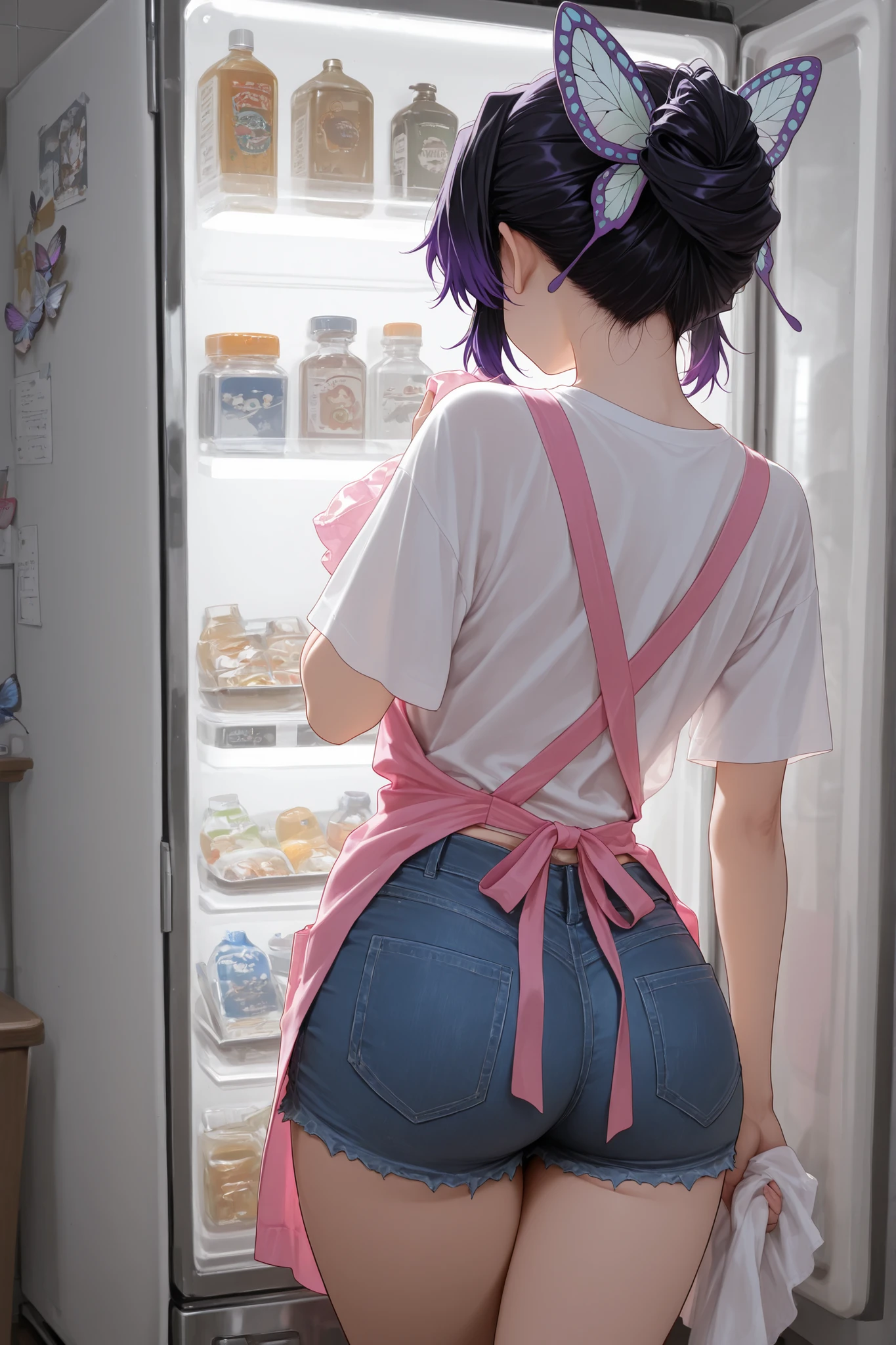 (Demon Slayer Shinnobu Kochou), ((Shinobu Kocho's hair is decorated with butterflies)), Ultra HD, masterpiece, black hair, forehead, gradient hair, short jeans shorts, Clean overfit white t-shirt, Comfortable silhouette, Soft Hair, colorful hair, with split bangs, purple hair, Short hair, Two-tone hair, Wear a pink apron,

Glamorous Body, curvy body, woman wearing a pink apron cleaning up the fridge, A hand that carefully arranges sofa cushions, Woman's Back View , 