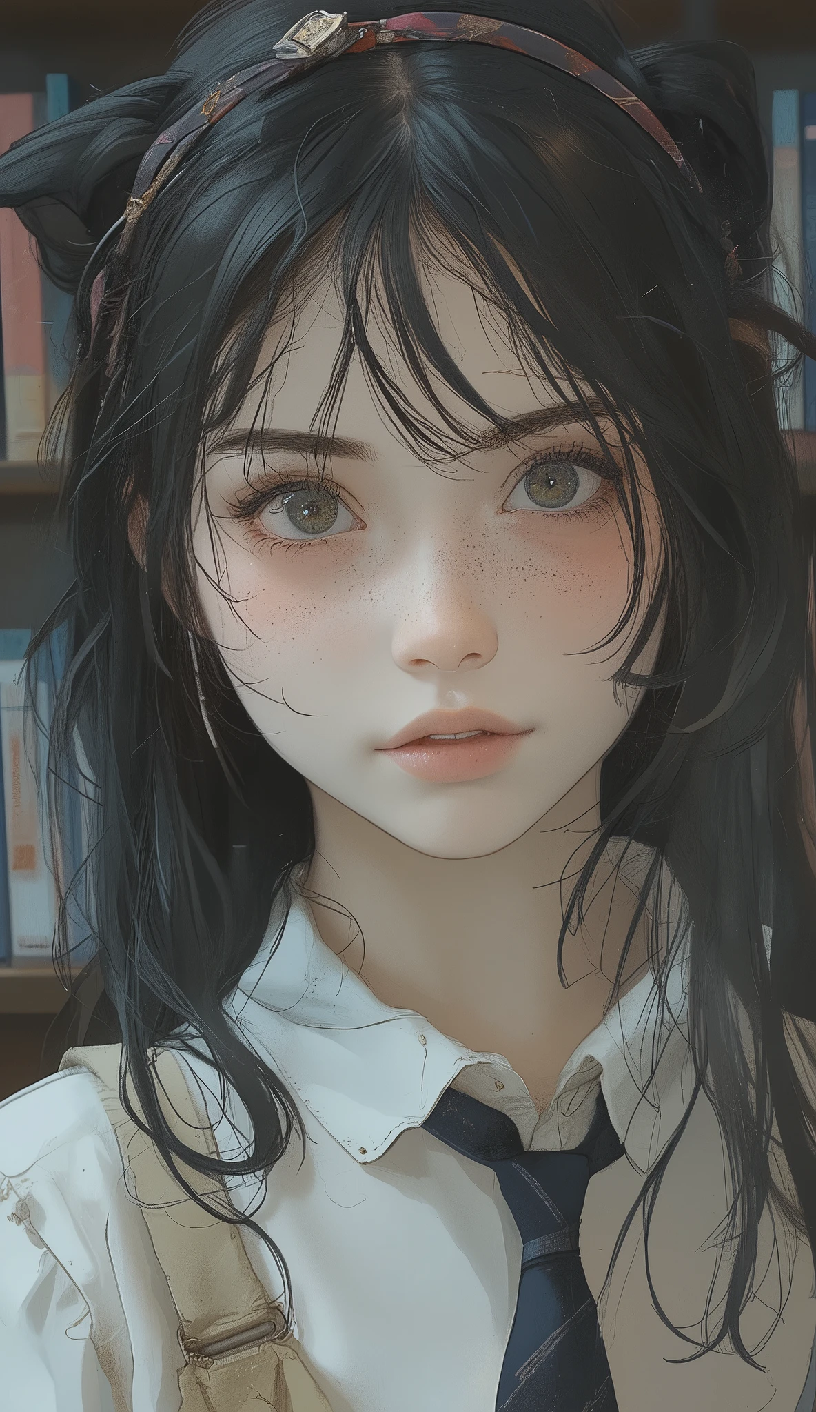 there is a young girl wearing a headband and tie, light Cute Freckles,  Soft Freckles , pale freckles, Small freckles, hyperREAL HIGH SCHOOL GIRL, Cute Freckles, with freckles, sleeve, very pale freckles, a hyperREAL HIGH SCHOOL GIRL, young cute girl, REAL HIGH SCHOOL GIRL, Signs of freckles, refuses、facial expression of disgust、 portrait of a high school student, Soft Portrait Shots 8 