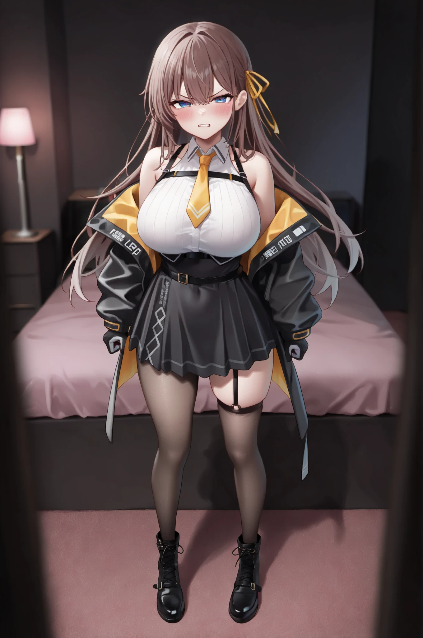 (dark room:1.3),love hotel,,score_9, score_8_up, score_7_up, 8k, high quality, best quality, high quality detailed, rating_explicit,(very aesthetic),( high detailed eyes:1.2), perfect anatomy, (very beautiful eyes:1.2), solo,kanawork, single thighhigh, single leg pantyhose, black jacket, sleeveless shirt, thigh strap, necktie, black footwear, gloves, black skirt,hair ribbon,kashiwazakikana, brown hair, blue eyes,big breasts,half open eyes,angry,full body,standing