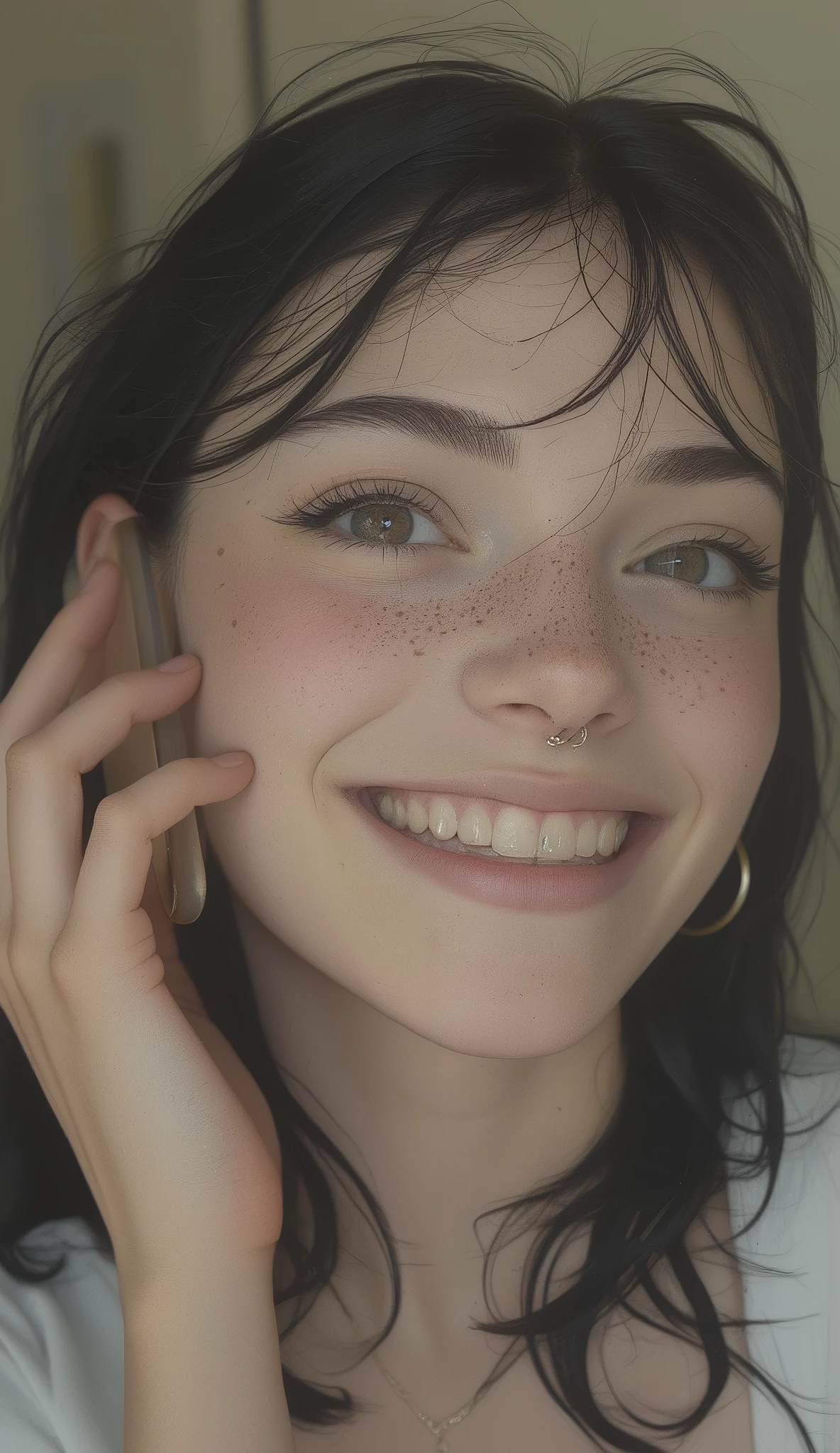 A woman is putting her smartphone on her ear without motivation, Bjork smiling, Marica Favre , sparse freckles , like Grimes , Freckled face, Julia Fuentes , Small freckles, Dimples, Bjork, Dua Lipa , Hot Julia, Valentina Remener, with freckles, Alina Ivanchenko, Justina Blakeney