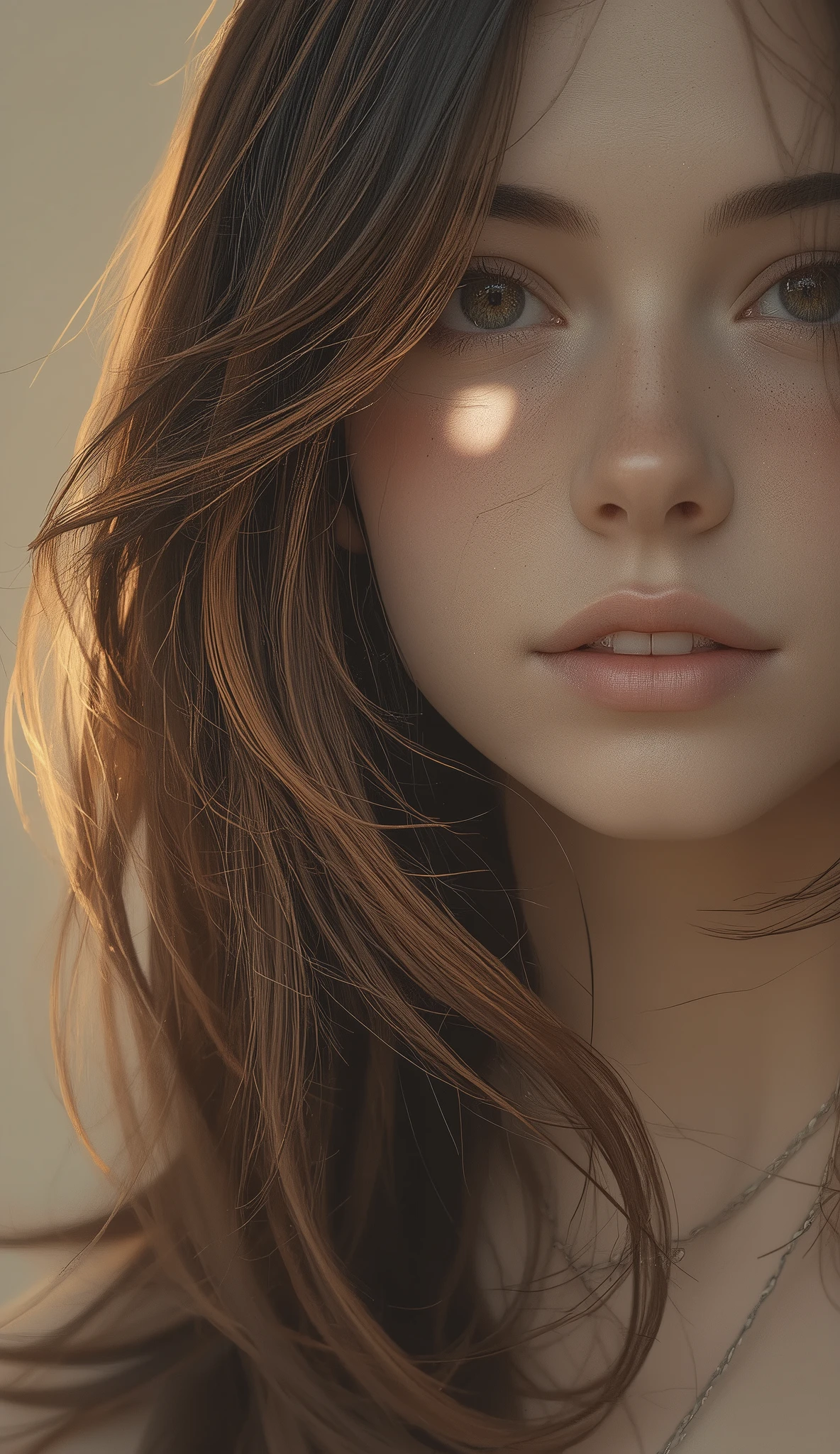 long, 's silky dark brown hair drape appears on the shoulder, when light is brought in、naturally reddish brown. lighting is soft and warm, and、highlights the natural color of the hair、creates a comfortable image, intimate atmosphere. The background is a calm cream tone, highlights the warmth of the scene. The composition is hair, in、the lower part of the face, perfectly focuses on、creates a relaxed and carefree atmosphere. The image is、evokes serenity and simplicity,Listless、Fatigue、Apathy、Lonely、 everyday It highlights the beauty seen in the details. A slight hint of.