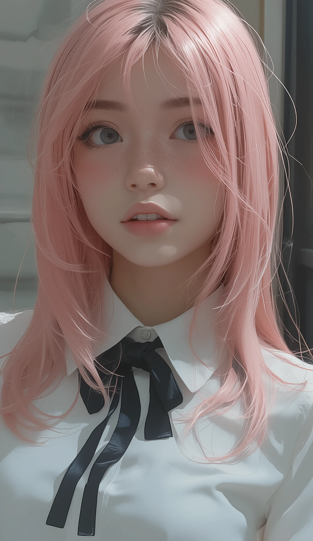pink hair, in soft pastel hues , Straight, The, elegantly framing the head. The hair is shiny、absorbs light, The image emphasizes warmth., . This shirt is a collared shirt, Mainly white, crunchy, Pointed Color. A black ribbon or tie is held neatly in place, for clothes It adds formality and contrast. This shirt looks slightly shiny, showing smooth fabric. The overall appearance、suggests a fusion of classic and contemporary styles, Bright hair adds a pop of color and personality to the ensemble. The setting feels intimate and artistic、like々It's very sophisticated and、it has a sense of individuality。. setting has a smooth texture and subtle waves flowing down, The emphasis is on detail and personality over environmental background.Apathy、Lonely、Fatigue