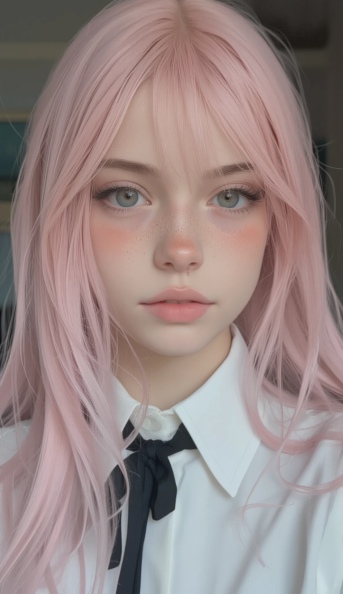 pink hair, in soft pastel hues , Straight, The, elegantly framing the head. The hair is shiny、absorbs light, The image emphasizes warmth., . This shirt is a collared shirt, Mainly white, crunchy, Pointed Color. A black ribbon or tie is held neatly in place, for clothes It adds formality and contrast. This shirt looks slightly shiny, showing smooth fabric. The overall appearance、suggests a fusion of classic and contemporary styles, Bright hair adds a pop of color and personality to the ensemble. The setting feels intimate and artistic、like々It's very sophisticated and、it has a sense of individuality。. setting has a smooth texture and subtle waves flowing down, The emphasis is on detail and personality over environmental background.Apathy、Lonely、Fatigue