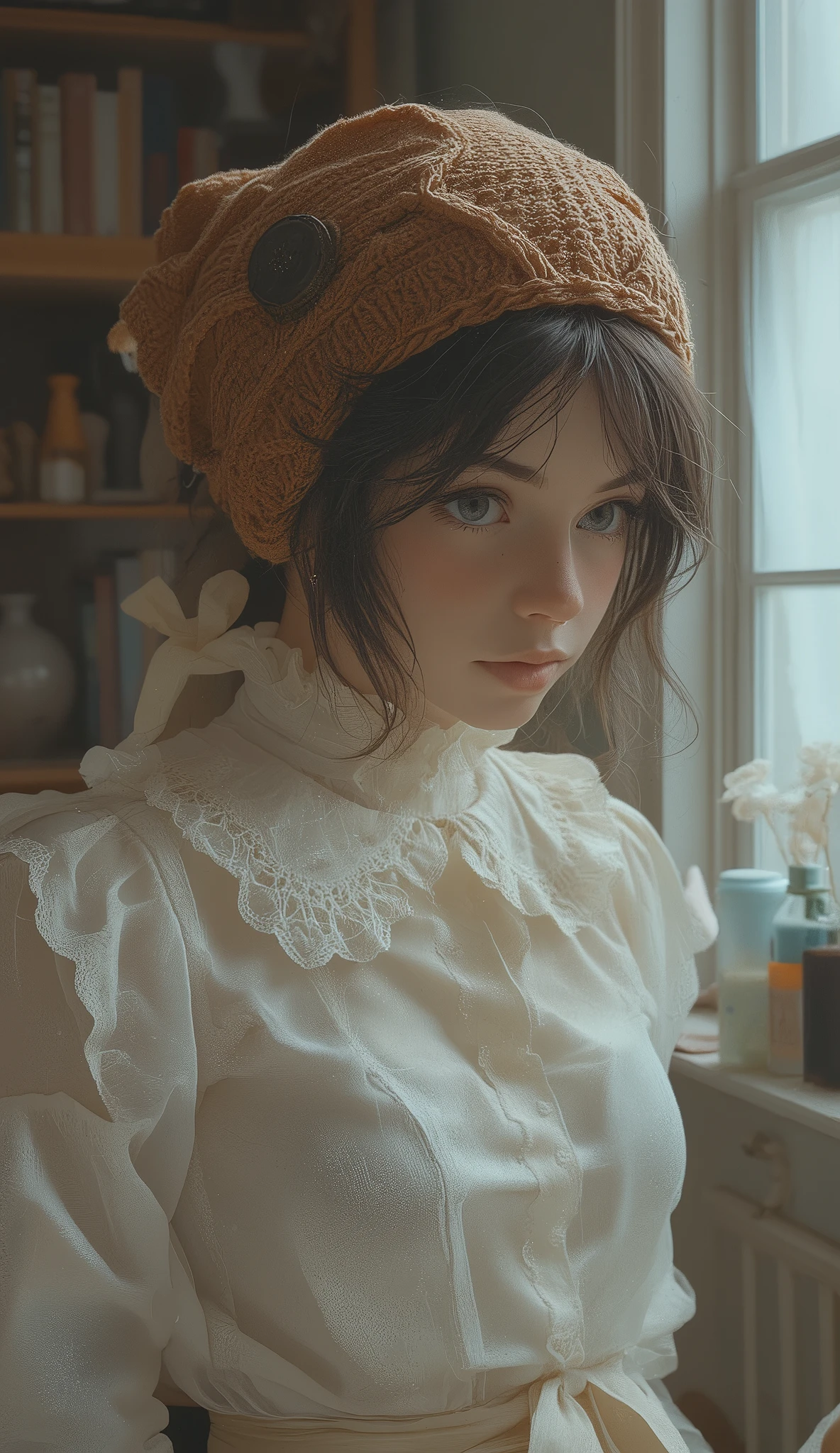 } One person、その古風in心地よい美学に貢献する複雑なデザインの, soft, Textured brown yarn, 気まぐれなディテールin装飾されています. rustic, 。上部には繊細な生地の花There is、, adding charm. The hat has white ruffle trim, that shows small 。. } Two vintage-style buttons on both sides of the hat, enhances the color of the hat. The individual、メタリックのアクセントとゴールドのボタンin飾られた明るい黄色のアクセント, Translucent Top , There is、layers of intricate designs that contribute to that old fashioned and comfortable aesthetic create an interesting interplay of light and shadow. ribbon, The edges of, crochet hat、あごの下inさりげなく結ばれ, in、and hints at a cozy and intimate atmosphere, cottage-like feel. The background is a dim interior, inアンサンブルを完成させています.