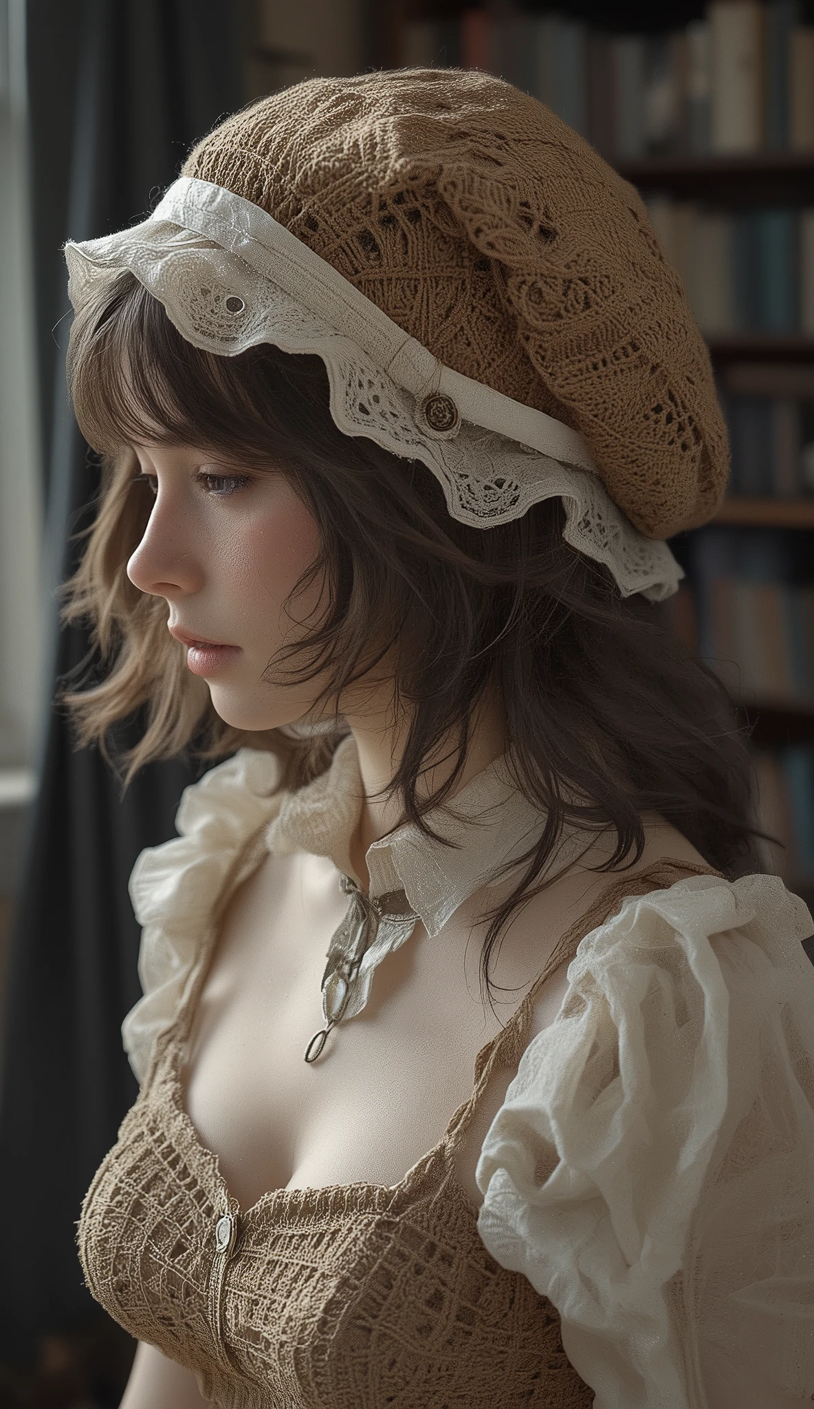 } One person、その古風in心地よい美学に貢献する複雑なデザインの, soft, Textured brown yarn, 気まぐれなディテールin装飾されています. rustic, 。上部には繊細な生地の花There is、, adding charm. The hat has white ruffle trim, that shows small 。. } Two vintage-style buttons on both sides of the hat, enhances the color of the hat. The individual、メタリックのアクセントとゴールドのボタンin飾られた明るい黄色のアクセント, Translucent Top , There is、layers of intricate designs that contribute to that old fashioned and comfortable aesthetic create an interesting interplay of light and shadow. ribbon, The edges of, crochet hat、あごの下inさりげなく結ばれ, in、and hints at a cozy and intimate atmosphere, cottage-like feel. The background is a dim interior, inアンサンブルを完成させています.