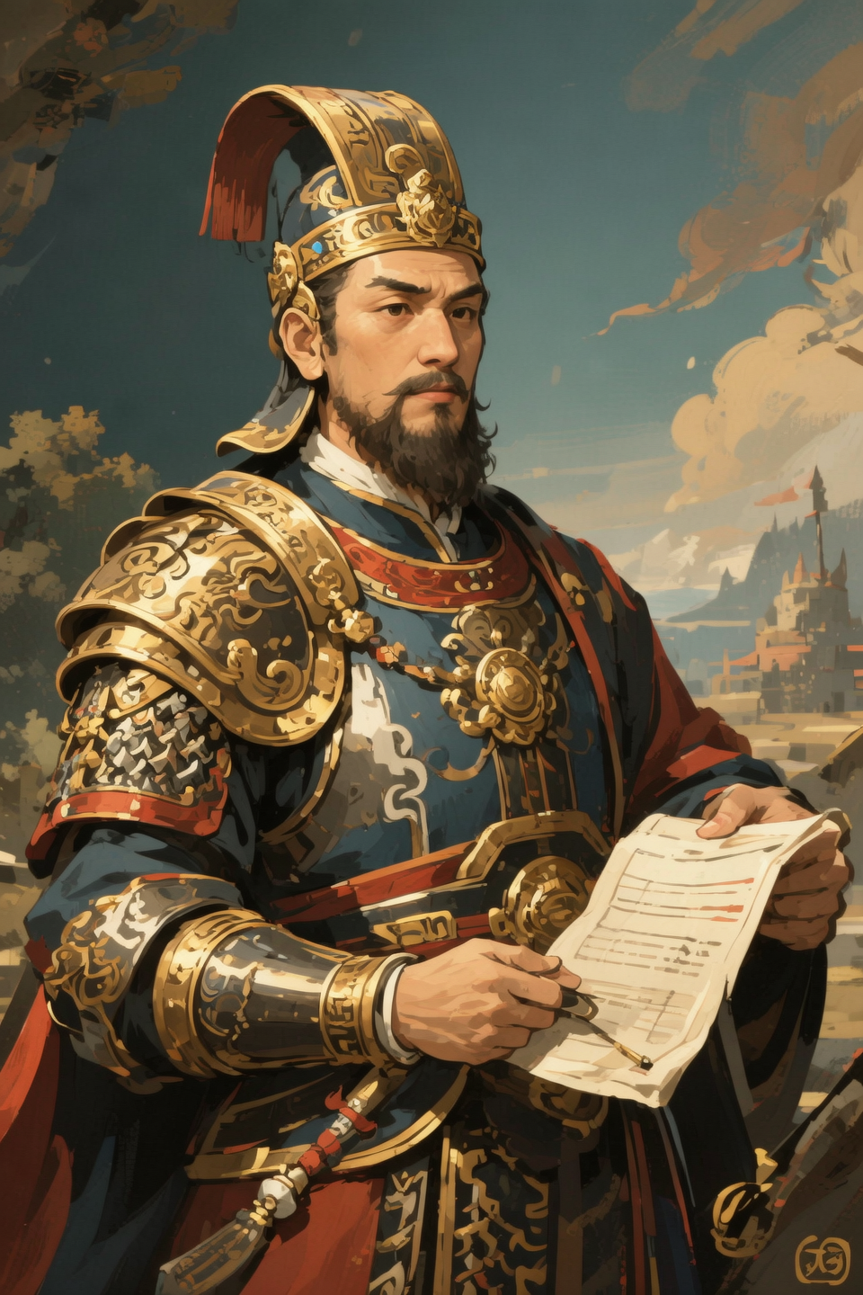 a rough texture and visible brush strokes, A cunning and strategic portrait of Cao Cao, a warlord from the Three Kingdoms era. He wears a royal robe with dragon patterns, a crown, and has a sharp, intelligent look. He is seated on a throne, holding a fan, surrounded by maps and scrolls.